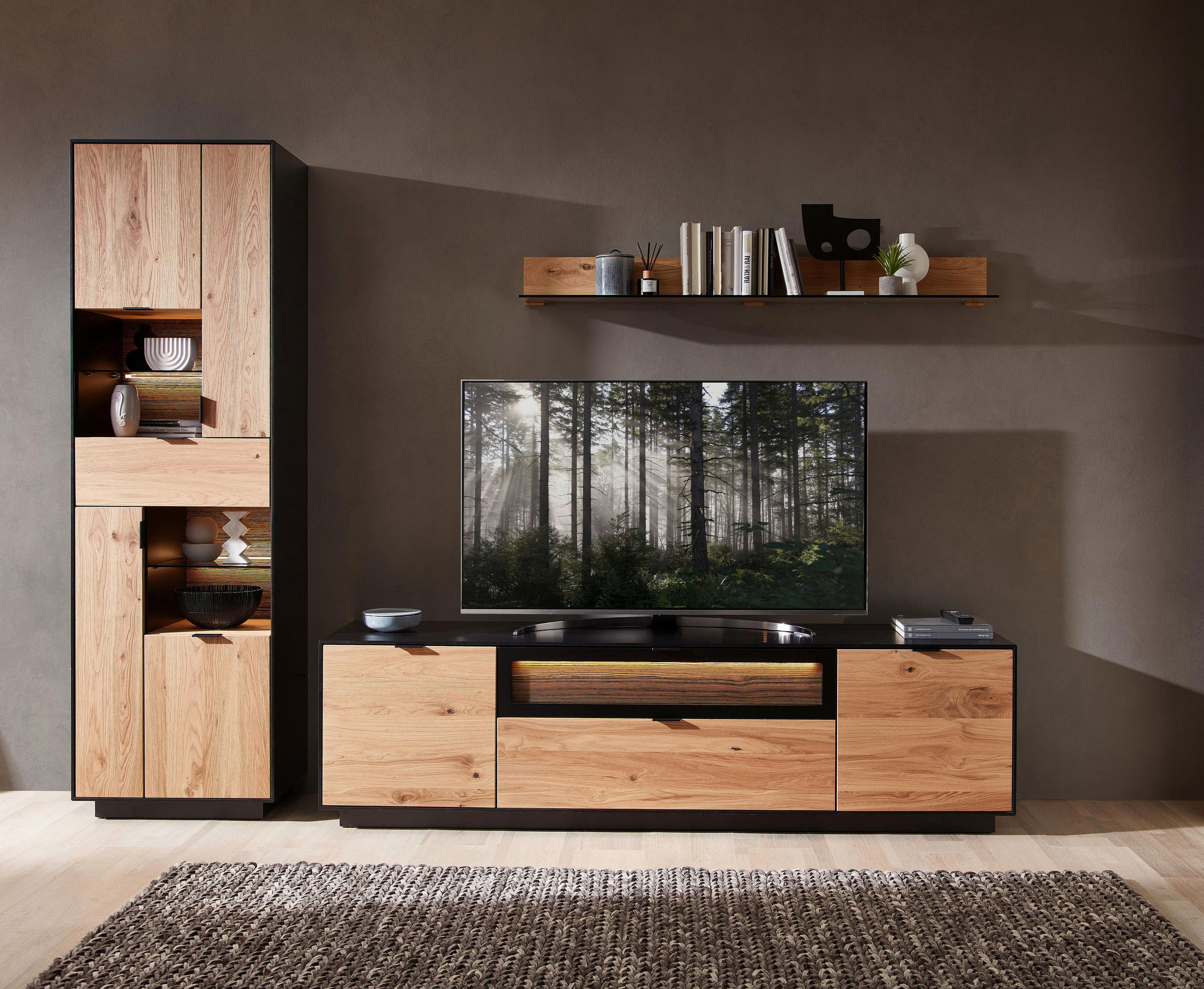 WOHNWAND  in Schwarz, Eichefarben  275/200/45 cm  - Eichefarben/Schwarz, Design, Glas/Holz (275/200/45cm) - Novel