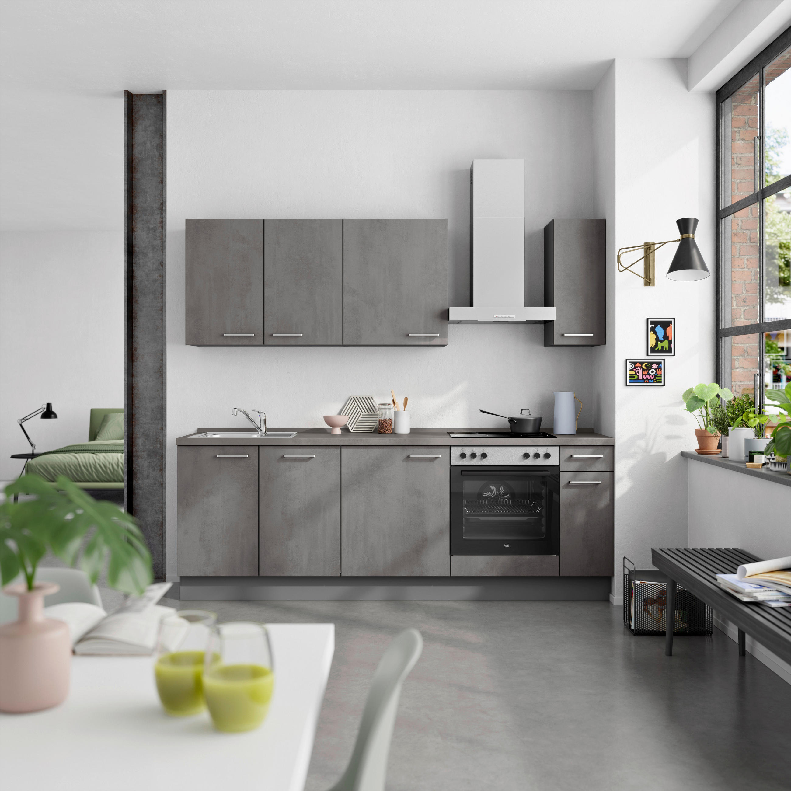 KÜCHENBLOCK Riva 240 cm  in Schieferfarben  - Schieferfarben/Edelstahlfarben, MODERN, Holzwerkstoff/Metall (240cm) - Nobilia