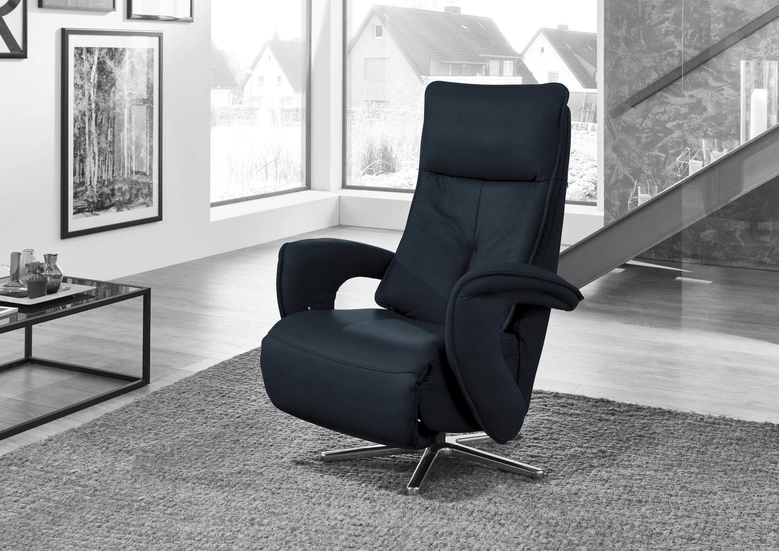 RELAXSESSEL in Leder Dunkelblau  - Edelstahlfarben/Dunkelblau, Design, Leder/Metall (77/110/87cm) - Valdera