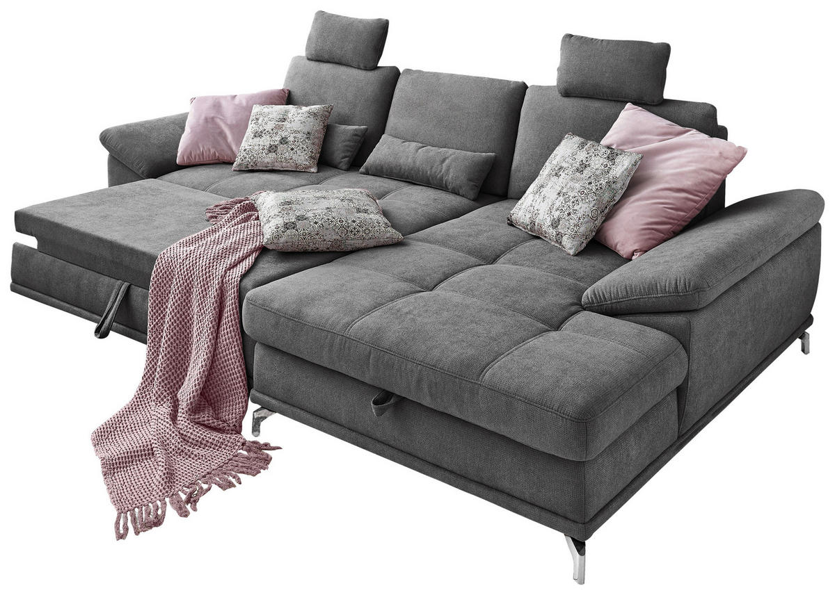 ECKSOFA Grau Flachgewebe Bettkasten, Schlaffunktion, Sitztiefenverstellung, Kopfstütze, Liegefläche im Originalstoff  - Silberfarben/Grau, KONVENTIONELL, Textil/Metall (301/176cm) - Sit & More