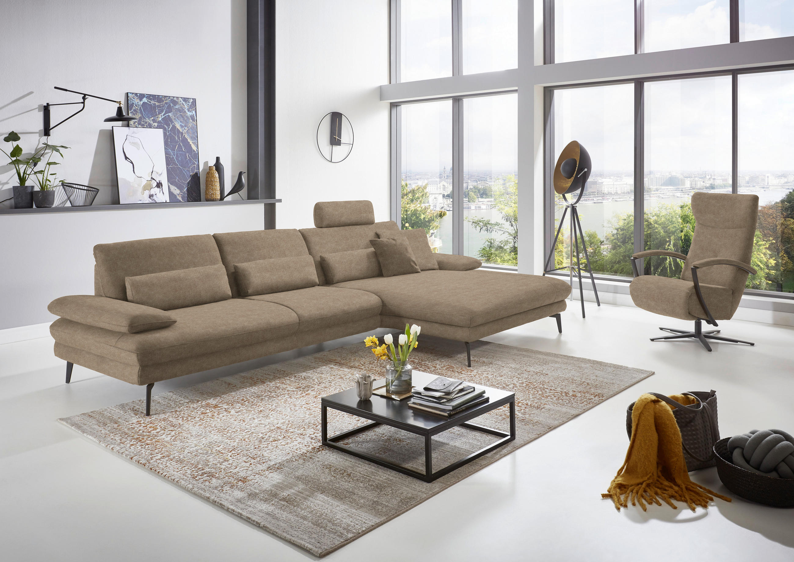 ECKSOFA in Velours Hellbraun  - Hellbraun/Schwarz, Design, Textil/Metall (310/180cm) - Dieter Knoll