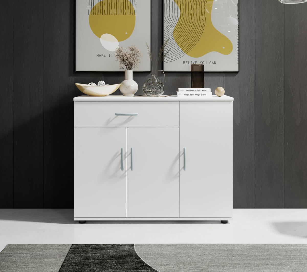 KOMODA  90/70/30 cm  bela  - bela/srebrna, Konvencionalno, pločasti materijal/plastika (90/70/30cm) - Carryhome