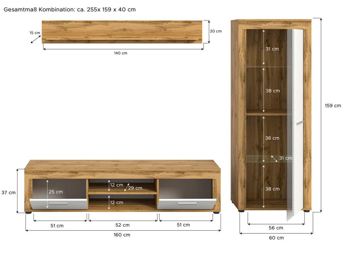 HYLLKOMBINATION 3 delar  i ek Wotan, vit  235/159/35 cm  - vit/ek Wotan, Design, trämaterial/glas (235/159/35cm) - MID.YOU