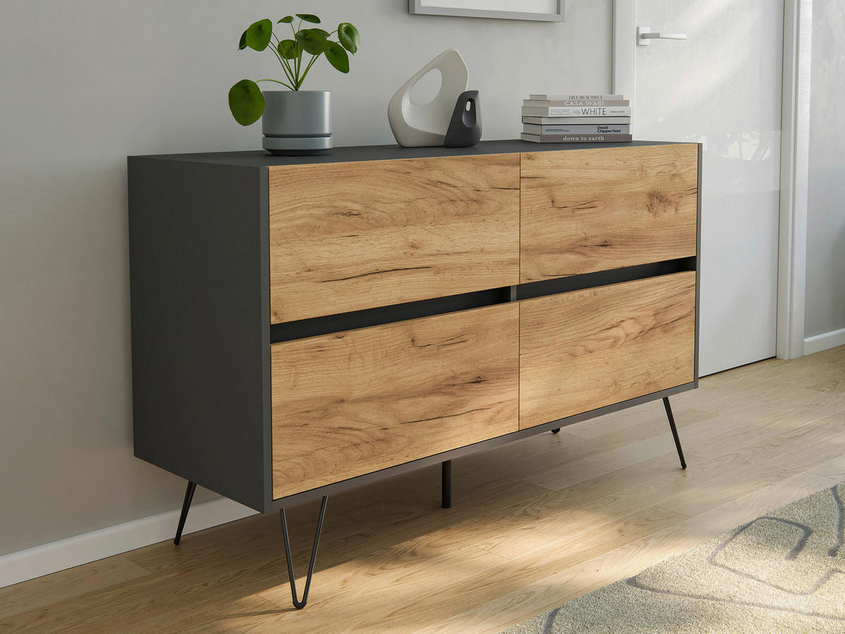 SIDEBOARD Posseik Industrial 119/75/42 cm 4 Schublade(n)  - Eichefarben/Graphitfarben, Design, Holzwerkstoff/Metall (119/75/42cm) - MID.YOU