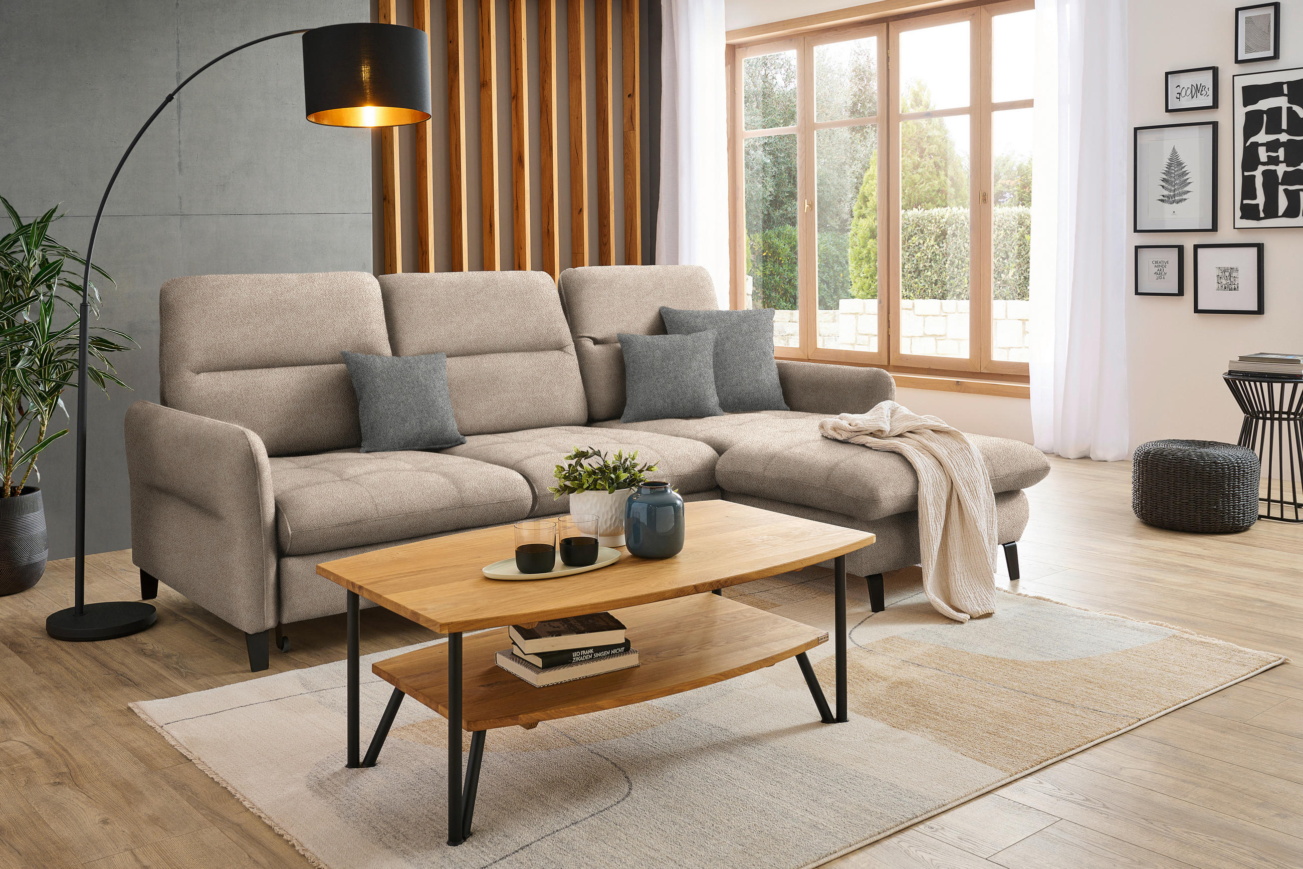 ECKSOFA Beige Flachgewebe  - Beige/Schwarz, KONVENTIONELL, Textil/Metall (254/190cm) - Livetastic