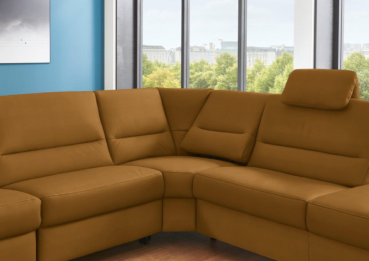ECKSOFA in Echtleder Dunkelgelb  - Dunkelgelb/Alufarben, Konventionell, Leder/Metall (290/249cm) - Beldomo Premium