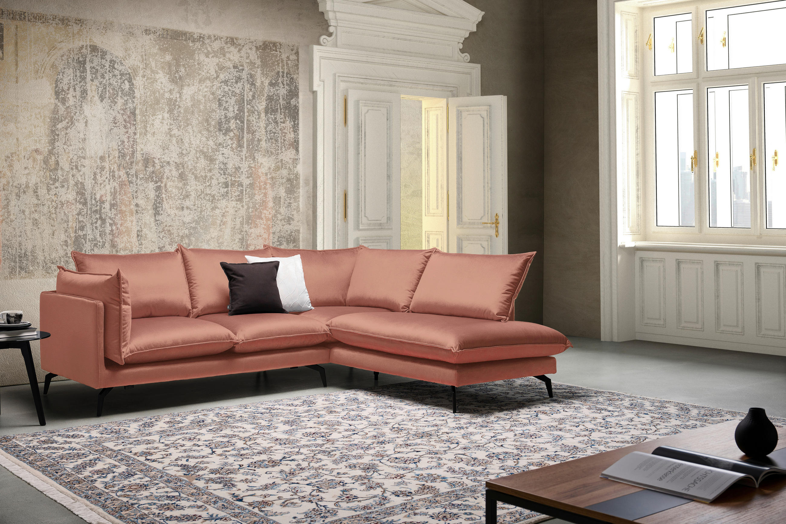 ECKSOFA Orange Samt  - Schwarz/Orange, Design, Textil/Metall (241/200cm) - Carryhome