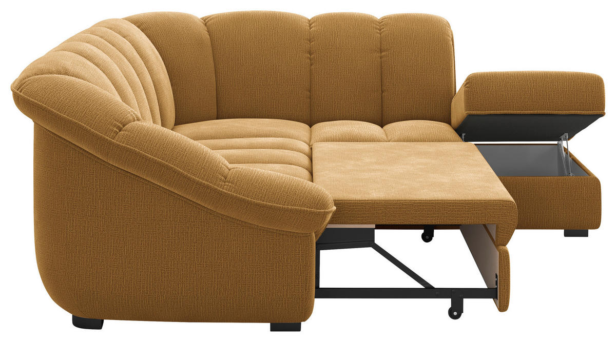 ECKSOFA Senfgelb Chenille Bettkasten, Schlaffunktion, Rücken echt  - Senfgelb/Schwarz, KONVENTIONELL, Kunststoff/Textil (260/222cm) - Welnova