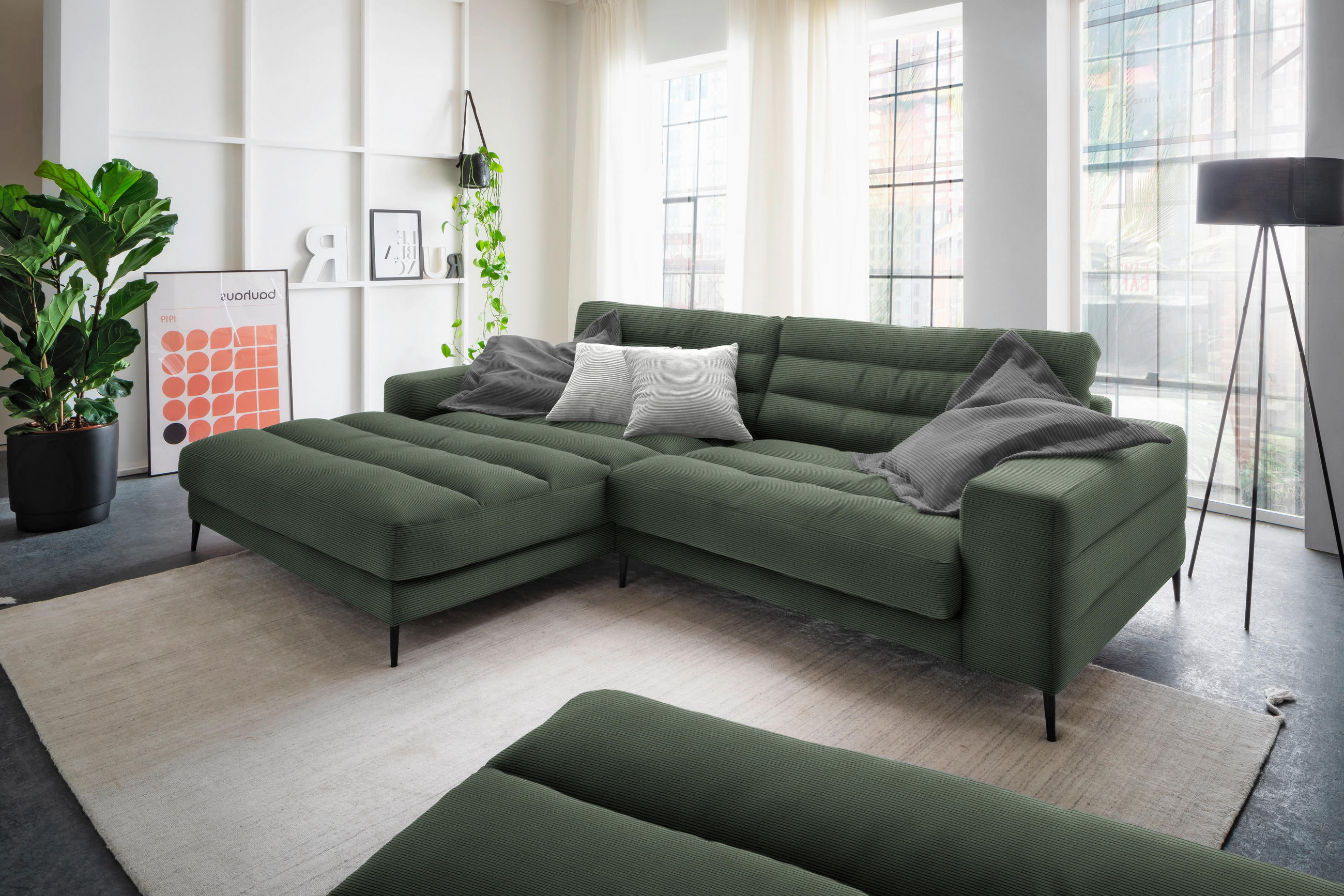 ECKSOFA in Cord Olivgrün  - Schwarz/Olivgrün, Design, Textil/Metall (207/296cm) - Dieter Knoll