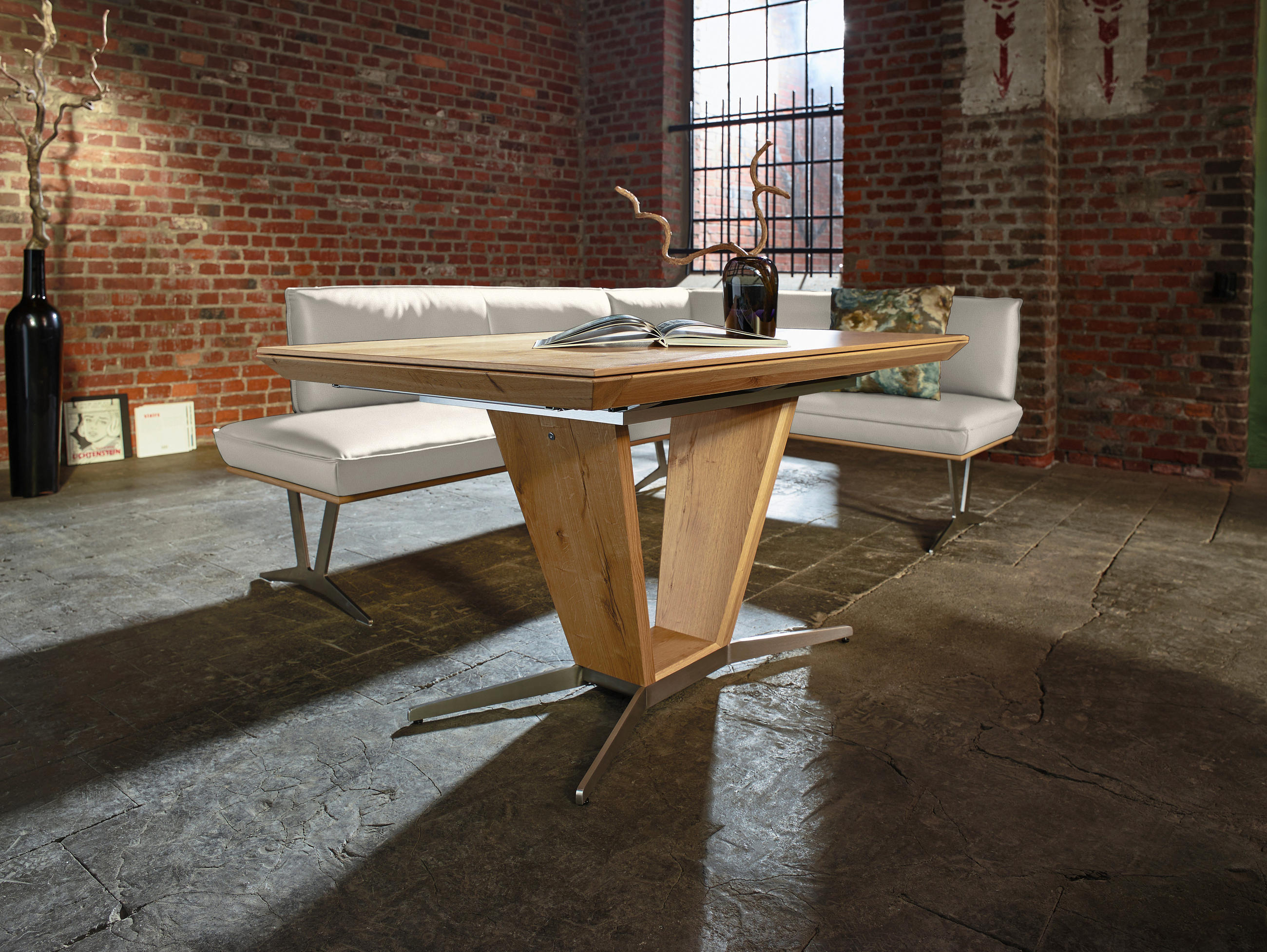 ECKBANK in Holz, Metall, Leder Creme  - Edelstahlfarben/Beige, Design, Leder/Holz (197/162cm) - Ambiente