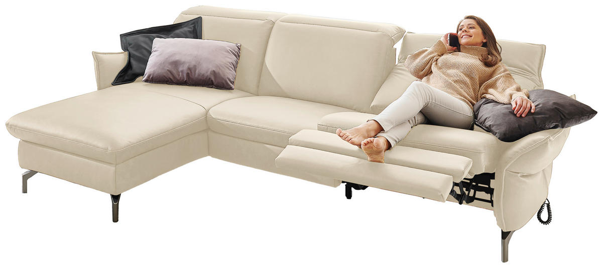 ECKSOFA Ecru Lederlook (vegan)  - Ecru/Nickelfarben, MODERN, Textil/Metall (179/233cm) - Livetastic