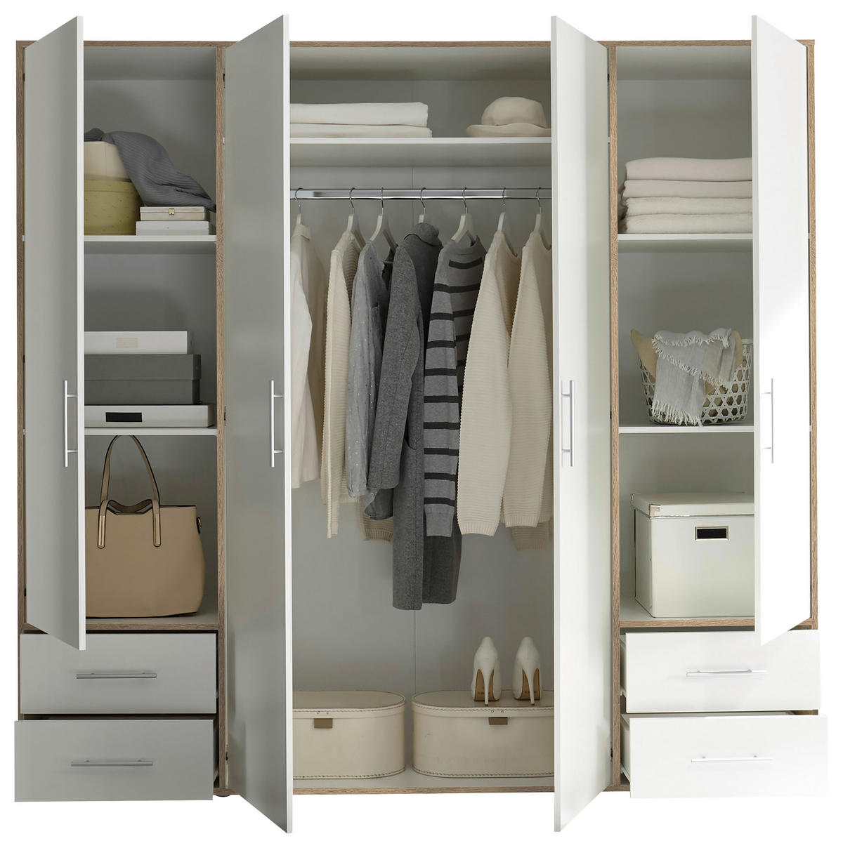 DREHTÜRENSCHRANK in Weiss, Sonoma Eiche  - Weiss/Alufarben, Modern, Holzwerkstoff/Kunststoff (206/195/60cm) - MID.YOU