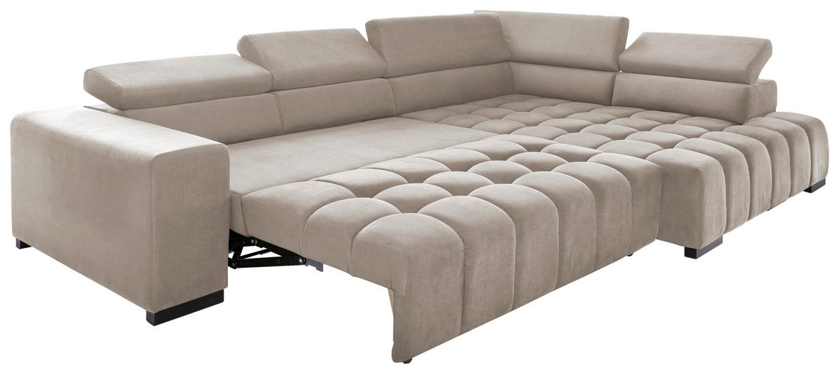 ECKSCHLAFSOFA Beige Velours  - Beige/Schwarz, Design, Holz/Textil (307/201cm) - Livetastic