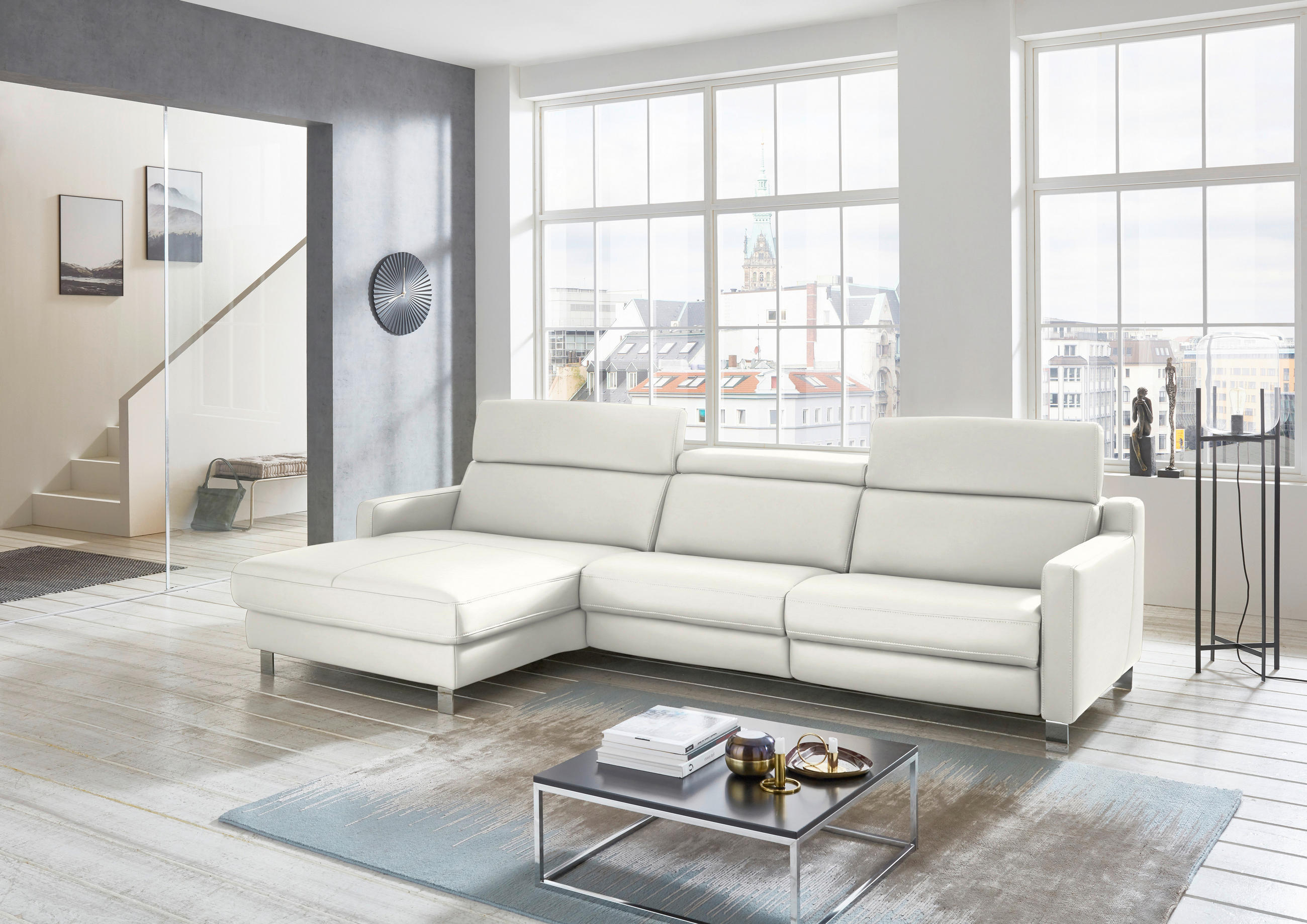 ECKSOFA in Echtleder Creme  - Chromfarben/Creme, Design, Leder/Metall (176/291cm) - Valdera