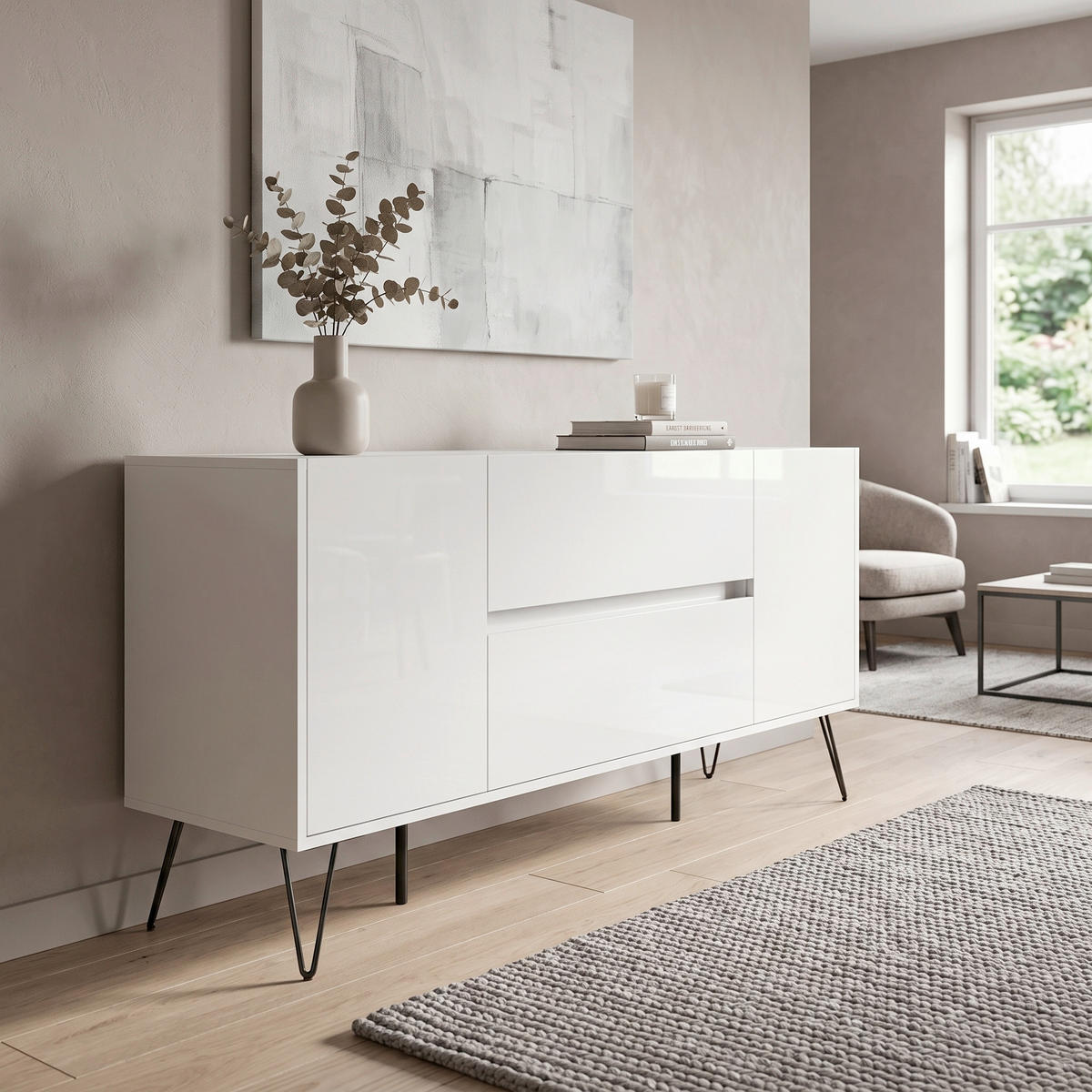 SIDEBOARD Posseik Industrial 155/75,8/42 cm 2 Schublade(n)  - Weiß Hochglanz/Schwarz, Design, Holzwerkstoff/Metall (155/75,8/42cm) - MID.YOU