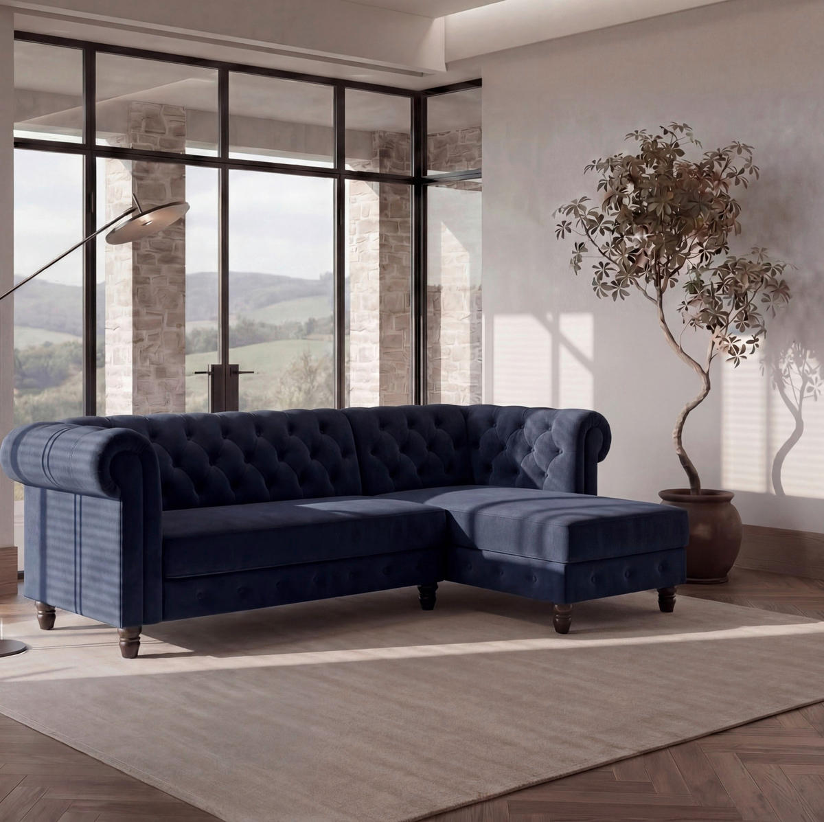 ECKSOFA FIRENZE in Velours Blau  - Blau/Schwarz, Basics, Holz/Textil (241/154cm) - Livetastic