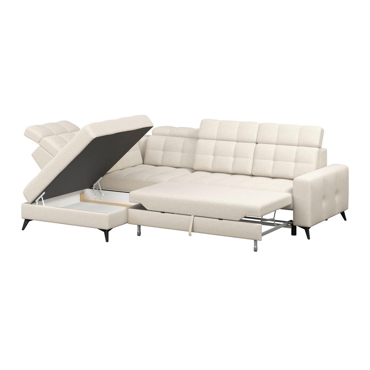 ECKSOFA BARLETTA NEW Creme Velours Bettkasten, Kopfteilverstellung, Sitztiefenverstellung, Liegefläche im Originalstoff  - Creme/Schwarz, ROMANTIK / LANDHAUS, Textil/Metall (228/289cm) - MID.YOU