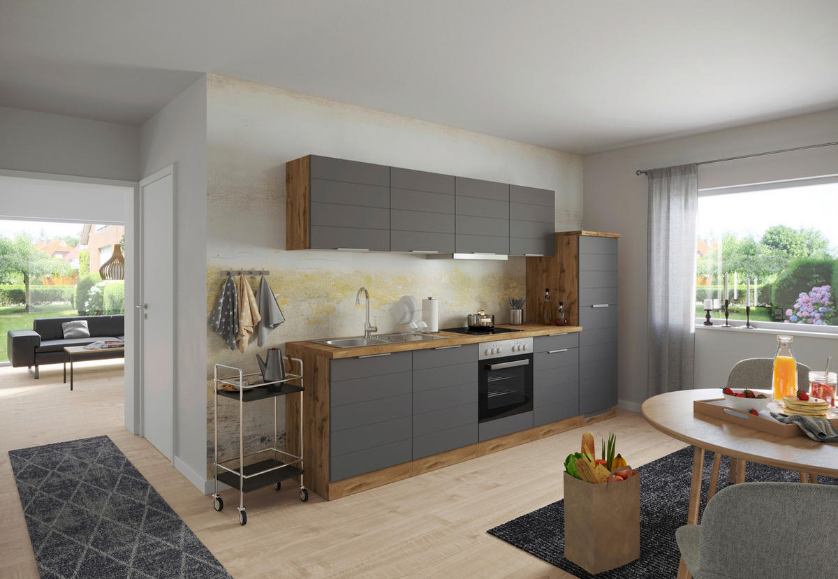 KÜCHENLEERBLOCK 300 cm   in Grau, Eiche Wotan  - Eiche Wotan/Grau, Design, Holzwerkstoff/Metall (300cm) - Held