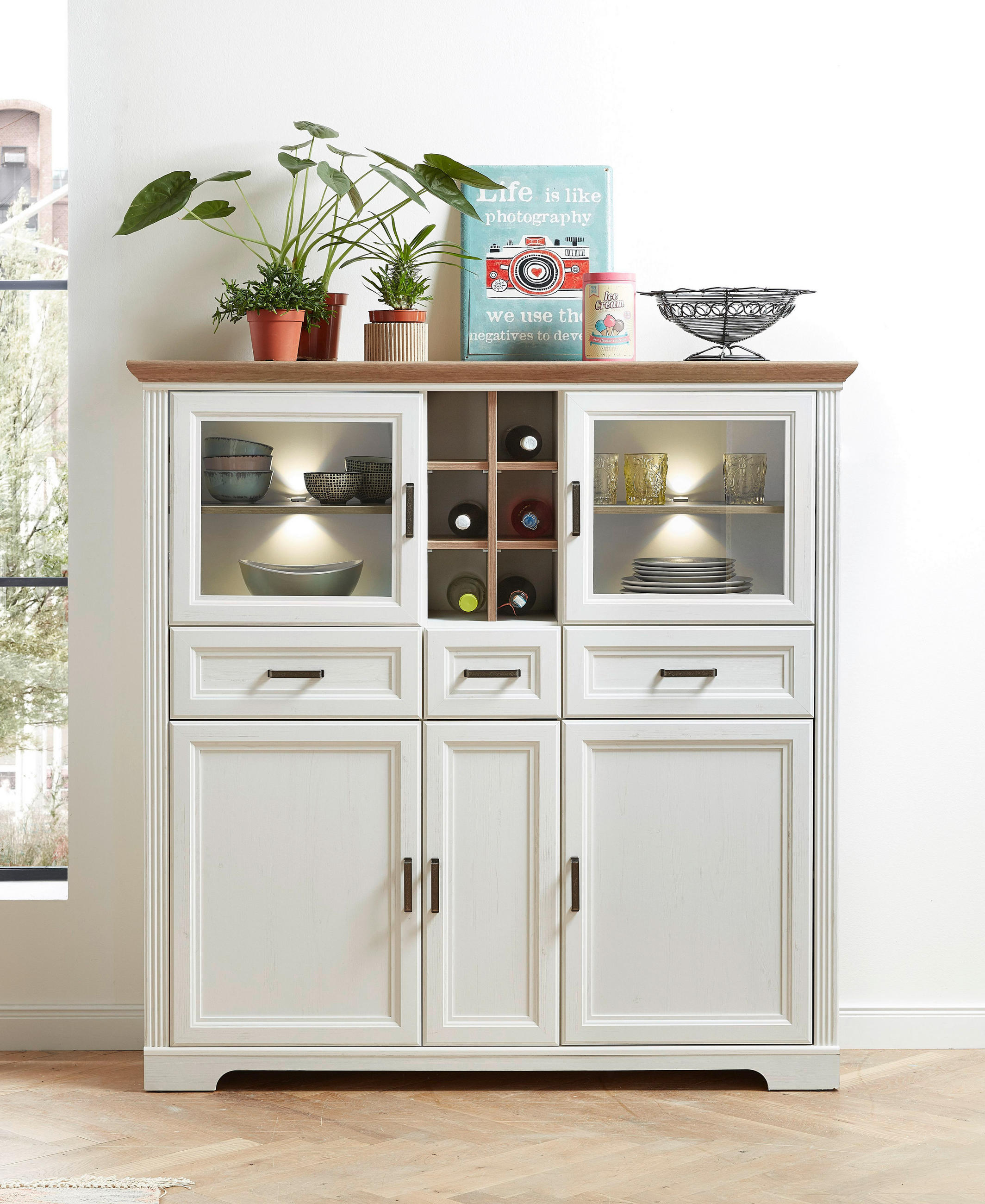 VYSOKÁ KOMODA, biela, farba duba, 143/150/42 cm - biela/farba duba, Romantik / Landhaus, kov/kompozitné drevo (143/150/42cm) - Livetastic