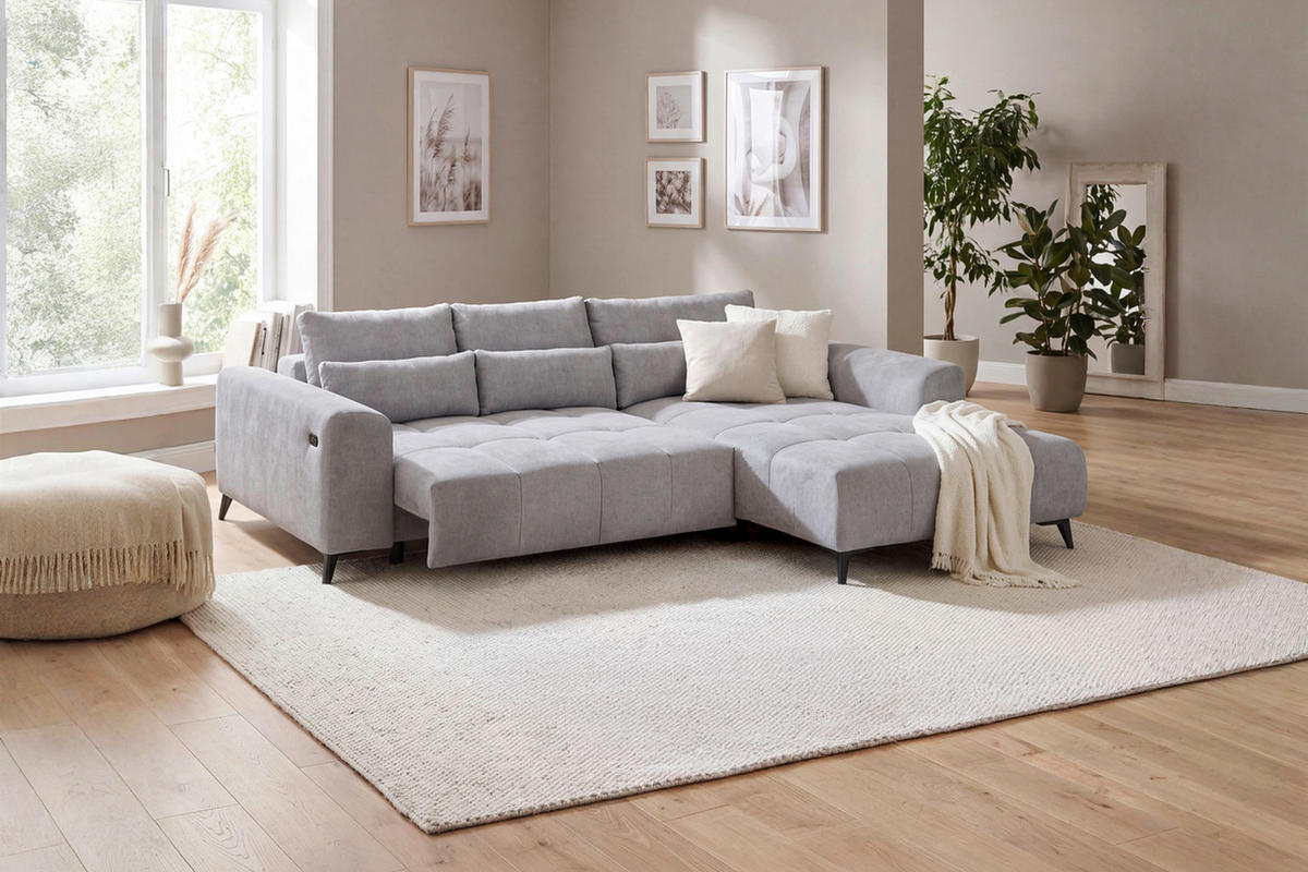 ECKSOFA 279/222 cm  in Chenille Silberfarben Rückenkissen, Nierenkissen, Rücken echt, Sitzvorzug  279/222 cm  - Silberfarben/Schwarz, KONVENTIONELL, Kunststoff/Textil (279/222cm) - Hom`in