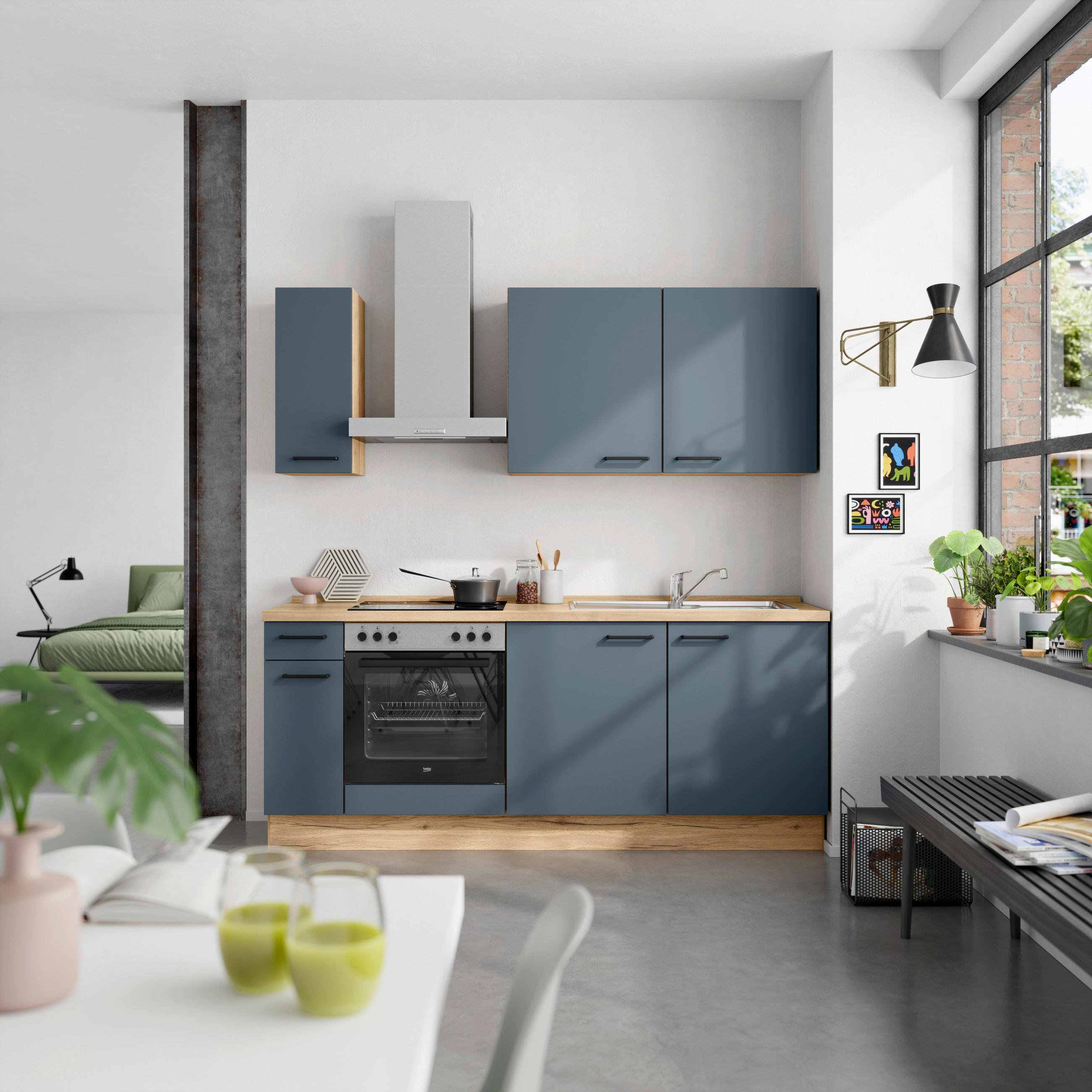 KÜCHENBLOCK 210 cm   in Eichefarben, Dunkelblau  - Eichefarben/Schwarz, MODERN, Holzwerkstoff/Metall (210cm) - Nobilia