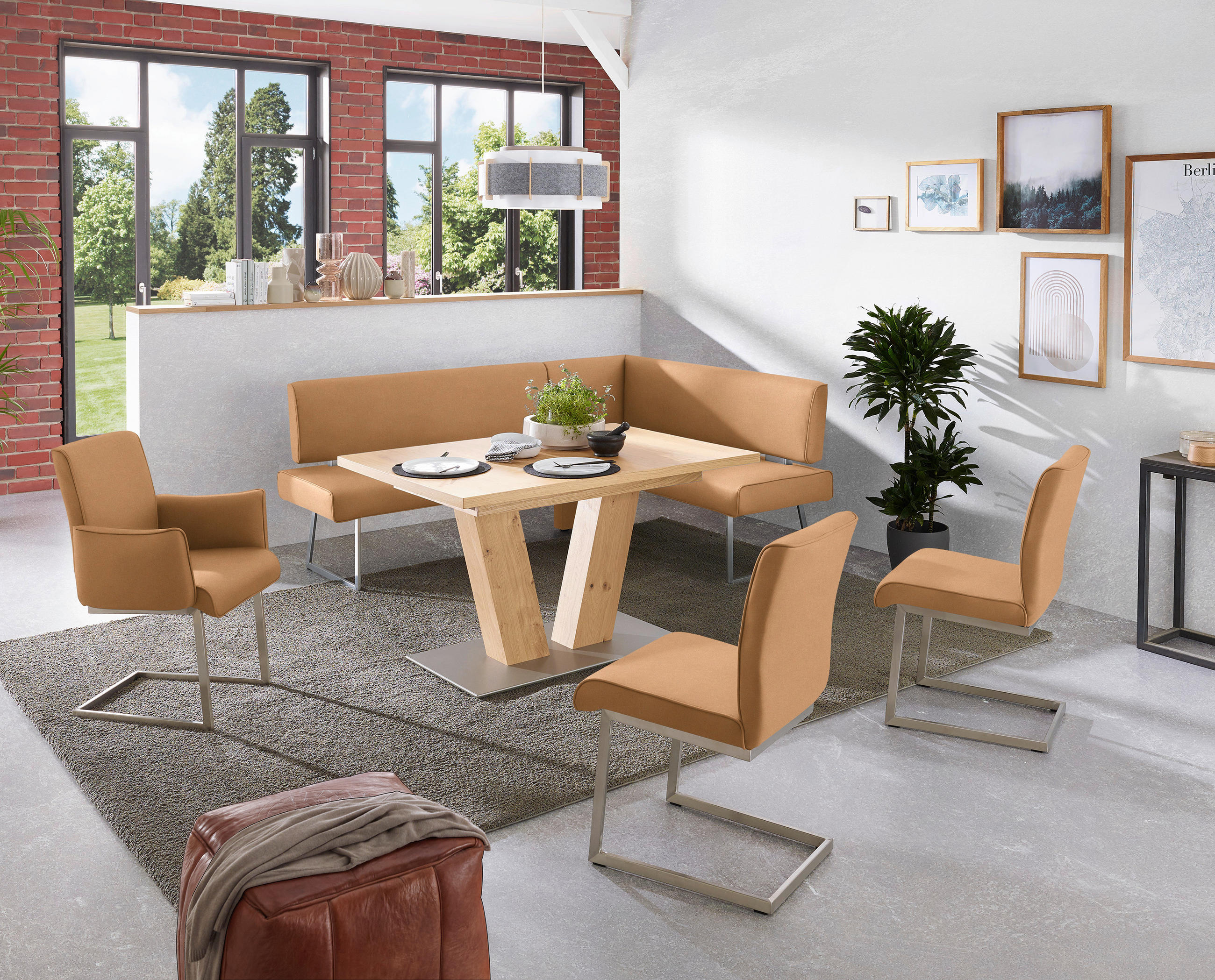 ECKBANK 208/160 cm  in Edelstahlfarben, Cognac  - Edelstahlfarben/Cognac, Design, Textil/Metall (208/160cm) - Dieter Knoll