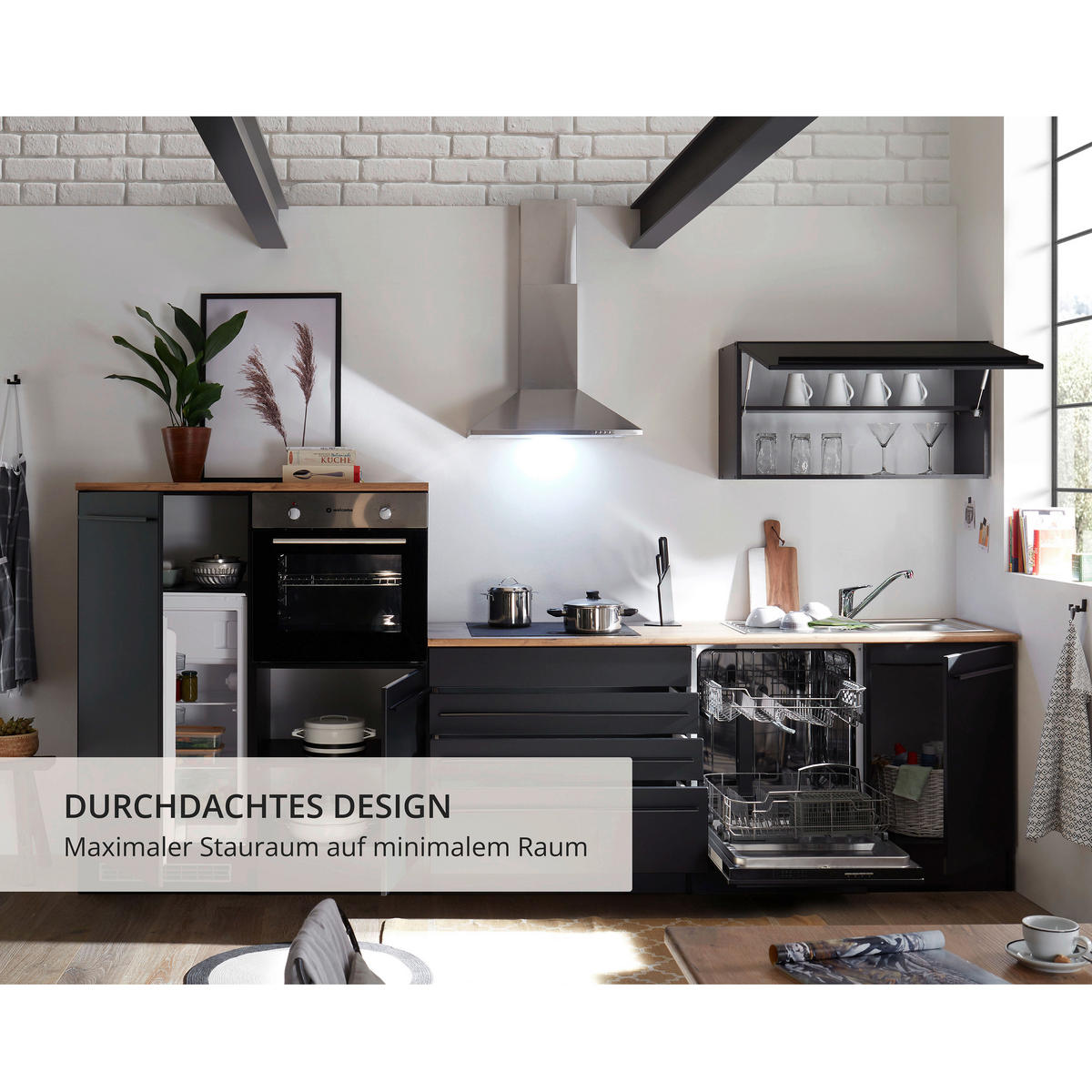 KÜCHENLEERBLOCK   in Schwarz  - Eichefarben/Schwarz, Basics, Holzwerkstoff/Kunststoff (320cm) - MID.YOU