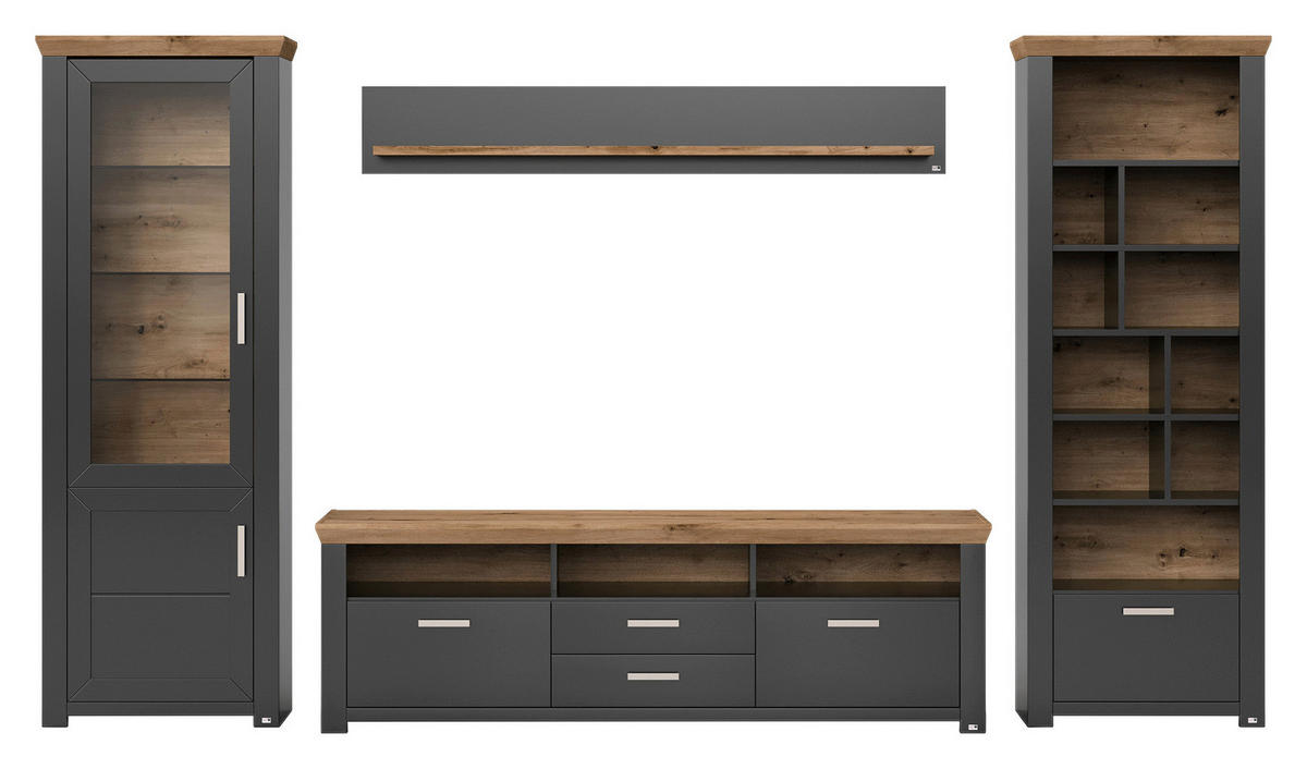 WOHNWAND  in Graphitfarben, Eiche Artisan  370/206,6/51,2 cm  - Graphitfarben/Eiche Artisan, Design, Glas/Holzwerkstoff (370/206,6/51,2cm) - SetOne by Musterring