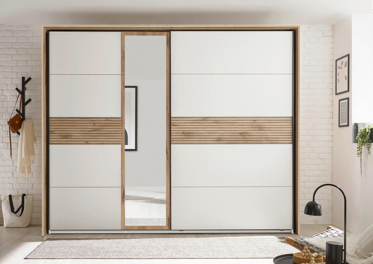 OMARA Z DRSNIMI VRATI, bela, barve hrasta  - črna/barve hrasta, Moderno, kovina/leseni material (279/229,4/63cm) - Hom`in