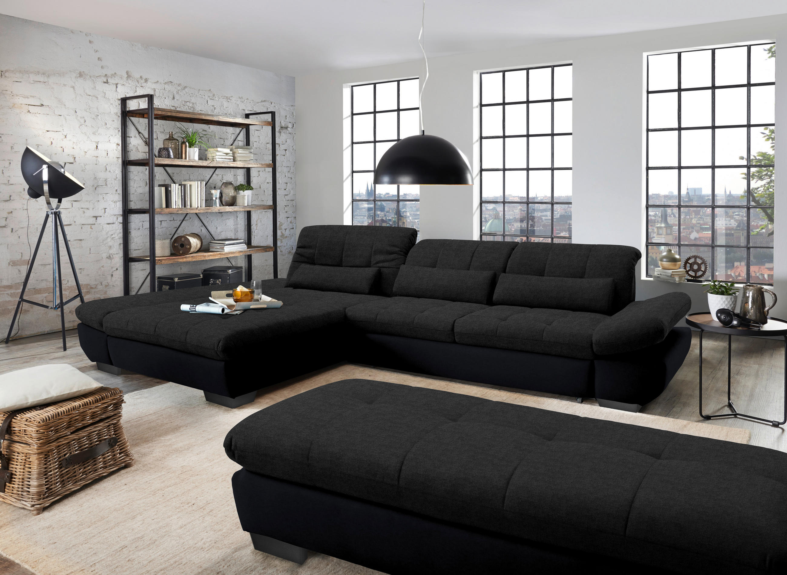ECKSOFA in Mikrofaser Graphitfarben  204/341 cm  - Schwarz/Graphitfarben, Design, Textil/Metall (204/341cm) - Xora