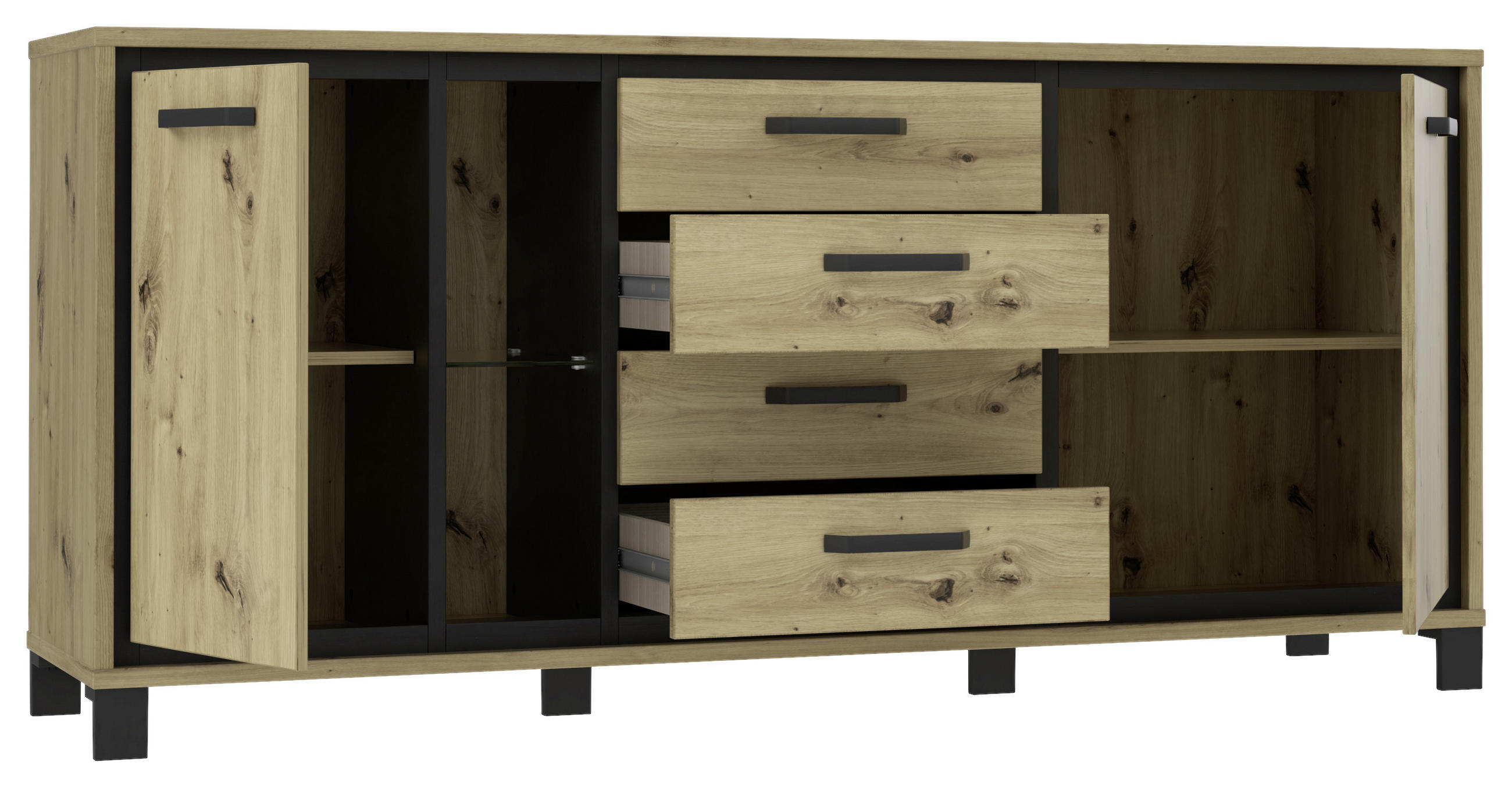 SIDEBOARD  in 177,4/81,3/41,5 cm  - Eichefarben/Schwarz, Basics, Glas/Holzwerkstoff (177,4/81,3/41,5cm) - Livetastic