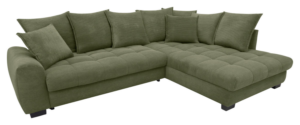 ECKSOFA Grün Cord Rückenkissen, Armlehnenkissen, Bettkasten, Schlaffunktion, Rücken echt, Liegefläche im Originalstoff  - Schwarz/Grün, KONVENTIONELL, Kunststoff/Textil (304/212cm) - Carryhome
