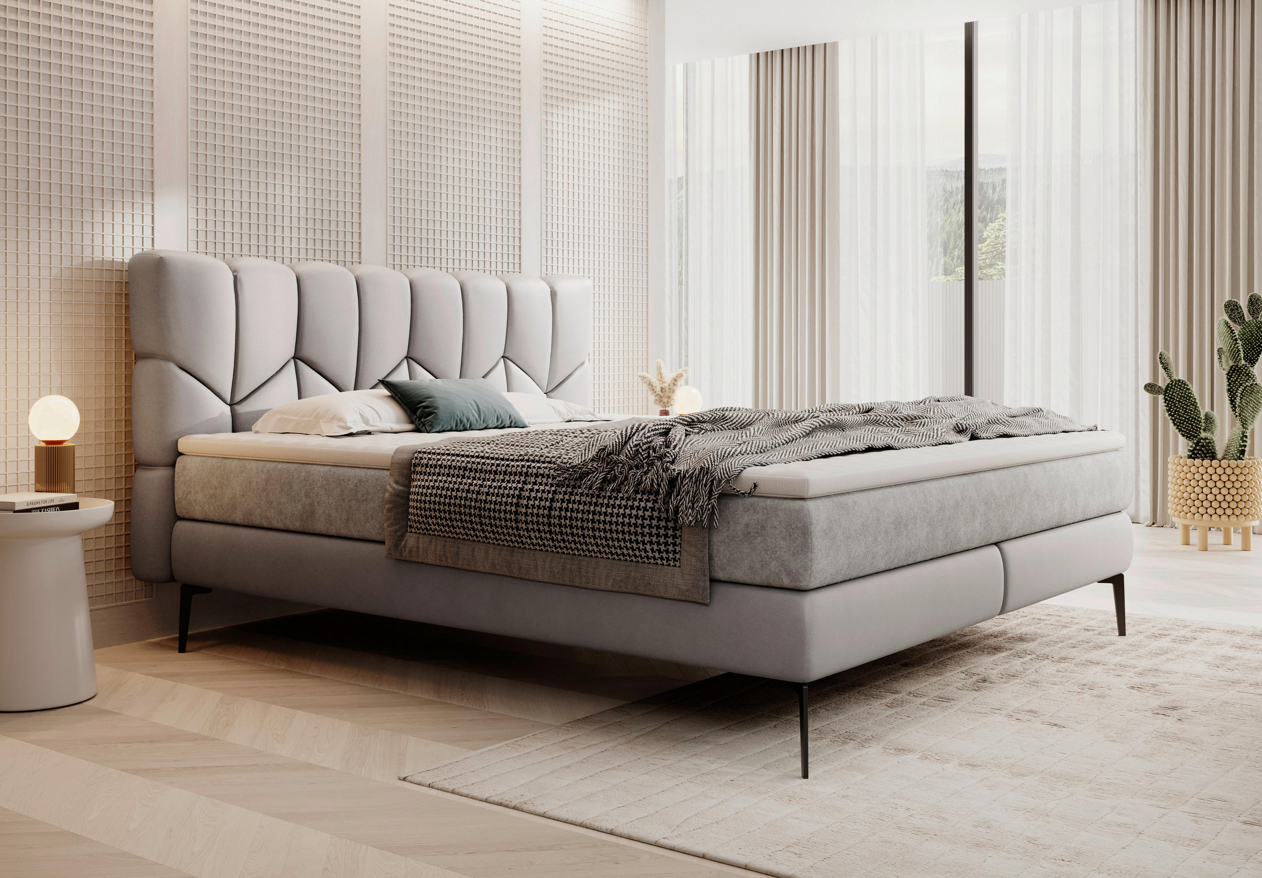 BOXSPRINGBETT 180/200 cm  in Hellgrau  - Hellgrau/Schwarz, Design, Leder/Textil (180/200cm) - Esposa