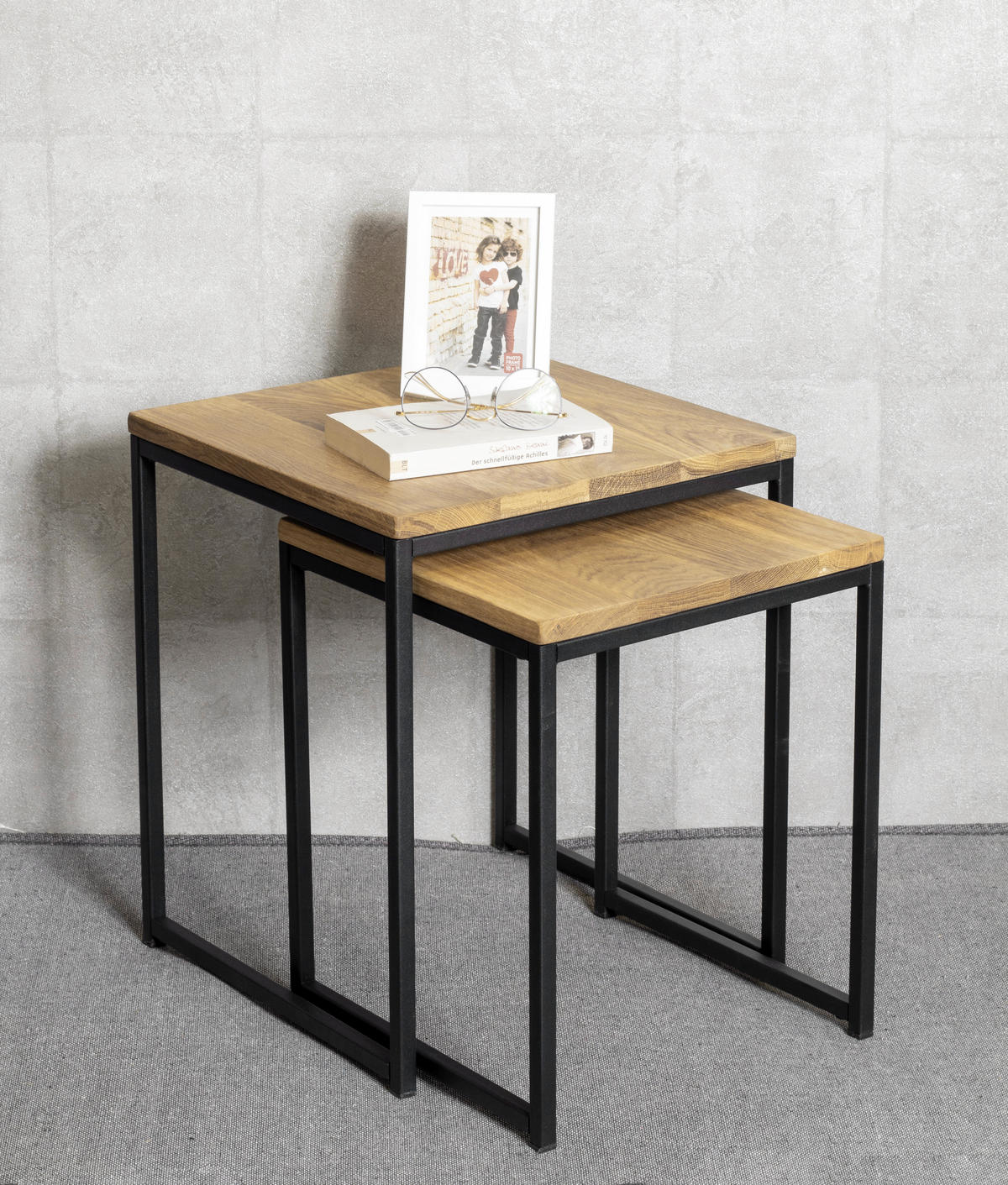 BEISTELLTISCHSET Eiche massiv rechteckig Schwarz, Eichefarben  - Eichefarben/Schwarz, Design, Holz/Metall