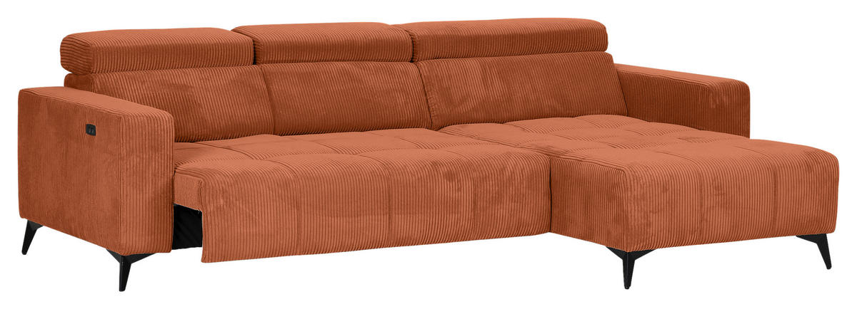 ECKSOFA Rostfarben Cord Rücken echt, Kopfteilverstellung, Sitzvorzug  - Rostfarben/Schwarz, KONVENTIONELL, Textil/Metall (257/170cm) - Carryhome