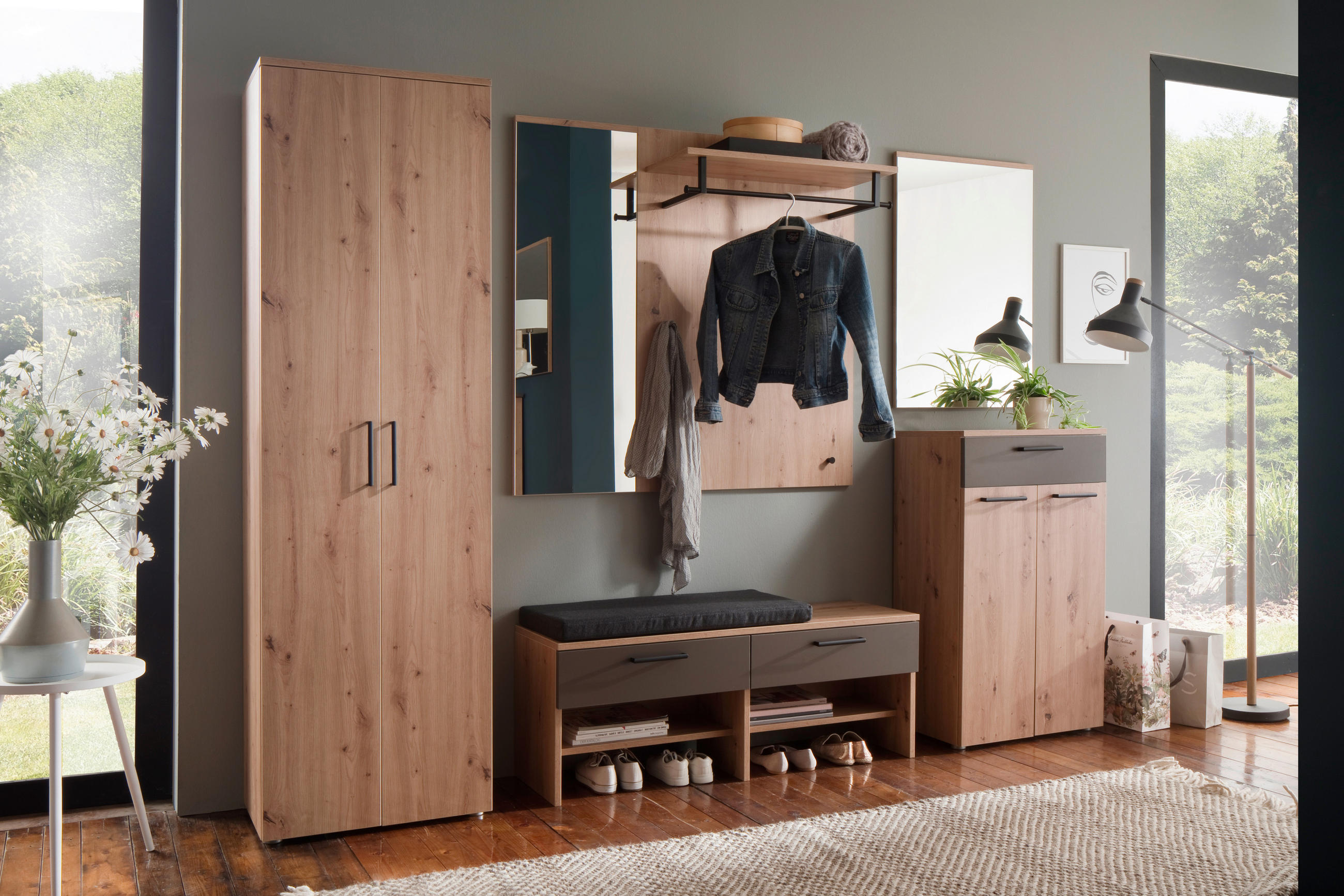 Thumbnail - Moderano Garderobe, Braun, Eiche, Holzwerkstoff, 7-teilig, 1 Schublade(n) Schubladen, 260x200x38 cm, Typenauswahl, indiv...