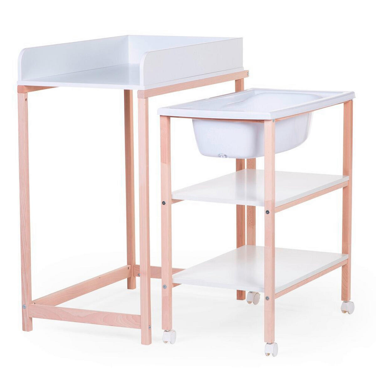 WICKELTISCH 2in1 Set Wickeltisch + Badewanne Weiß, Buchefarben  - Buchefarben/Weiß, KONVENTIONELL, Holzwerkstoff/Kunststoff (91,5/53,5/106,5cm) - Childhome