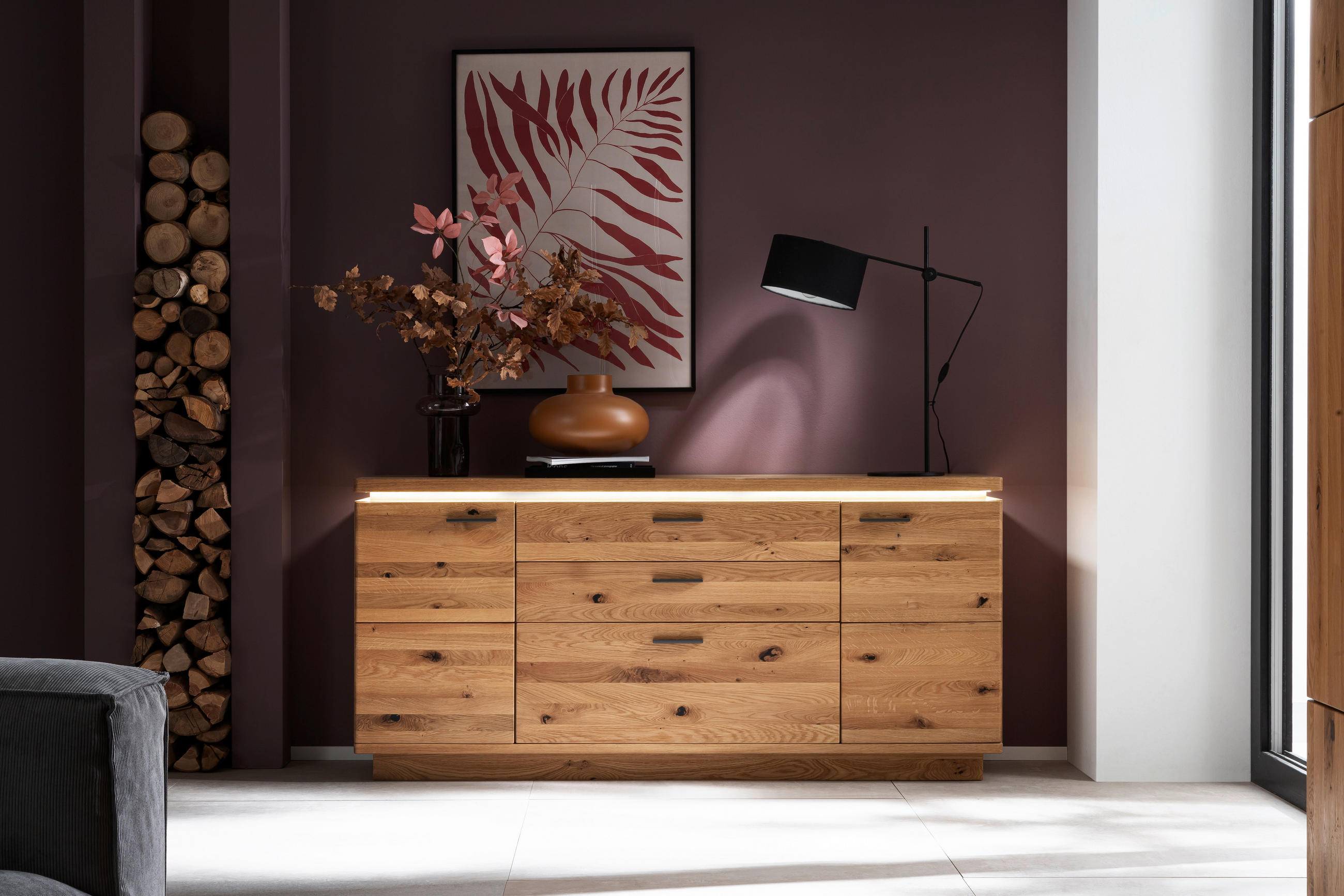 KOMODA, barve hrasta  - barve hrasta/antracit, Natur, kovina/leseni material (180/84/44cm) - Linea Natura