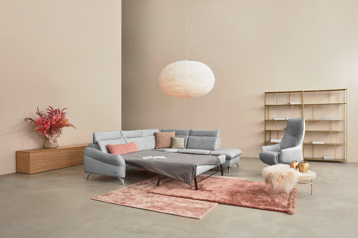 ECKSOFA in Echtleder Hellgrau  - Edelstahlfarben/Hellgrau, Konventionell, Leder/Metall (296/242cm) - Himolla Komfortklass