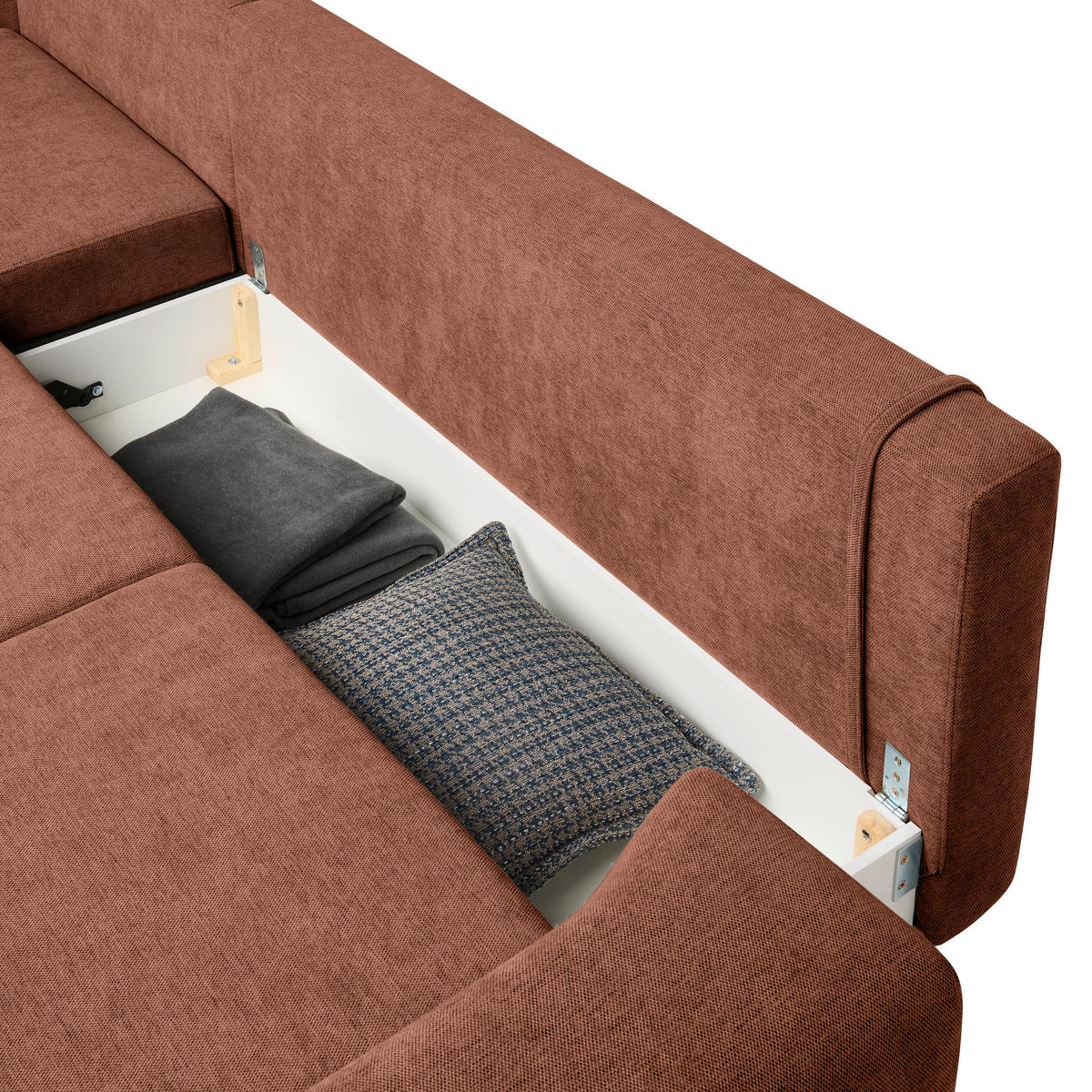 ECKSOFA inkl. Funktionen Terracotta Webstoff  inkl. Rückenkissen, Bettkasten, Schlaffunktion, Rücken echt  - Wengefarben/Terracotta, Design, Holz/Textil (211/314cm) - Stylife