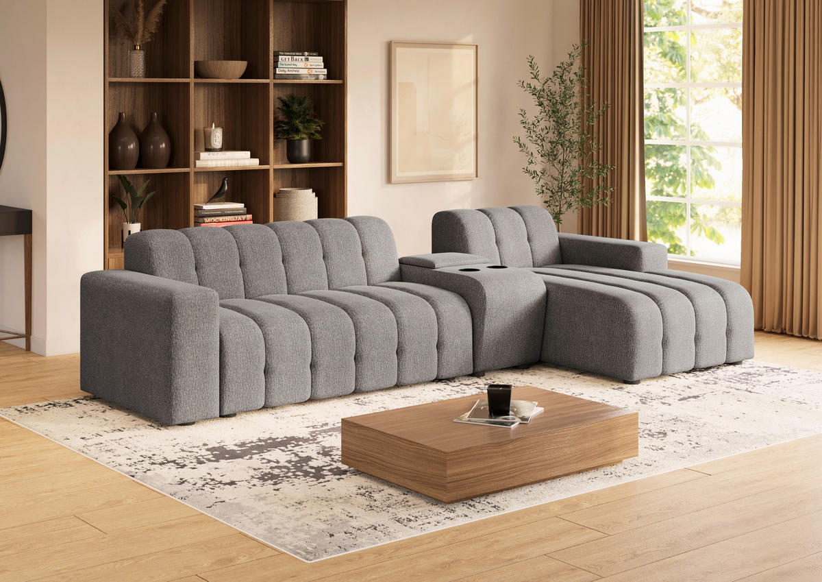 ECKSOFA Graubraun Chenille Stauraum, Getränkehalter  - Graubraun/Schwarz, MODERN, Kunststoff/Textil (299/150cm) - Milino