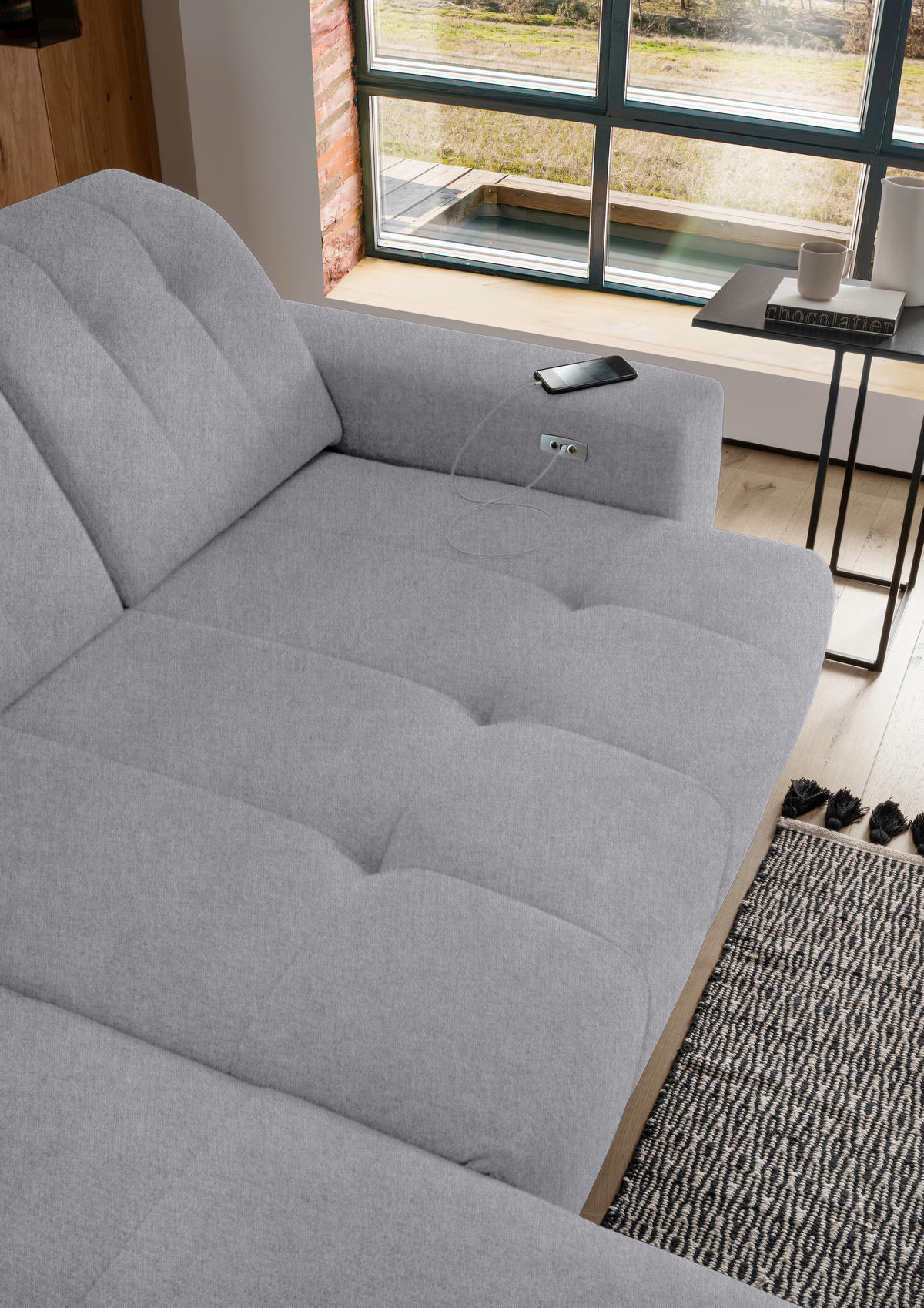 ECKSOFA in Mikrofaser Hellgrau  - Hellgrau/Schwarz, Modern, Textil/Metall (200/261cm) - Livetastic