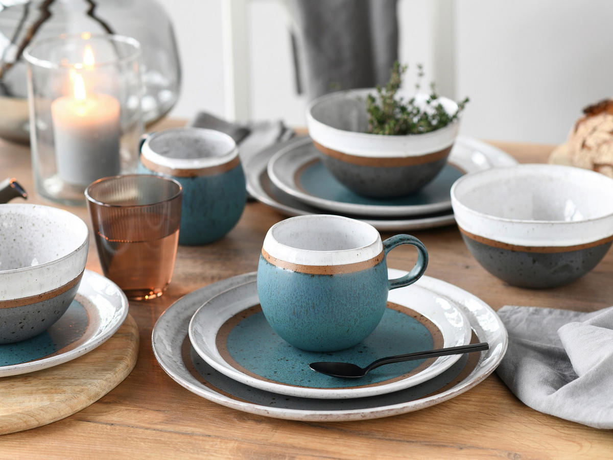 KOMBISERVICE Grau, Türkis, Weiß, Cognac Fjord Bunt 16-teilig 4 Personen  - Türkis/Cognac, Basics, Keramik - Creatable
