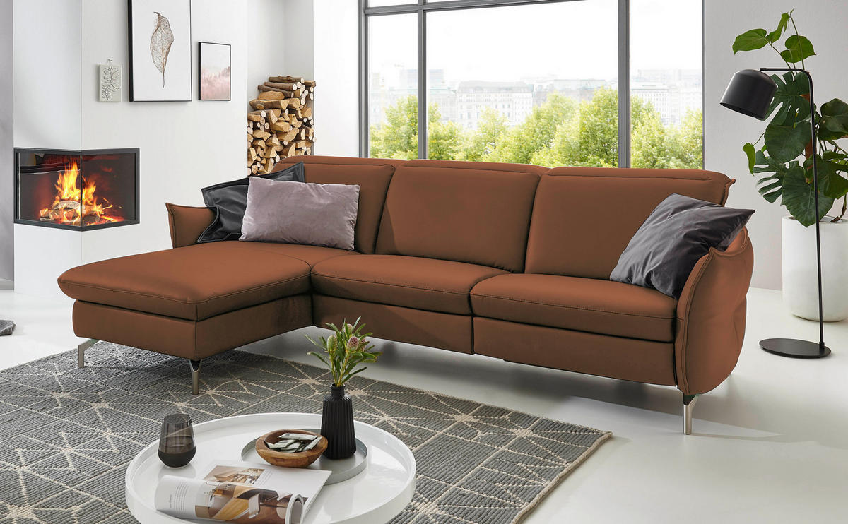 ECKSOFA Cognac Lederlook (vegan)  - Cognac/Nickelfarben, MODERN, Textil/Metall (179/263cm) - Livetastic