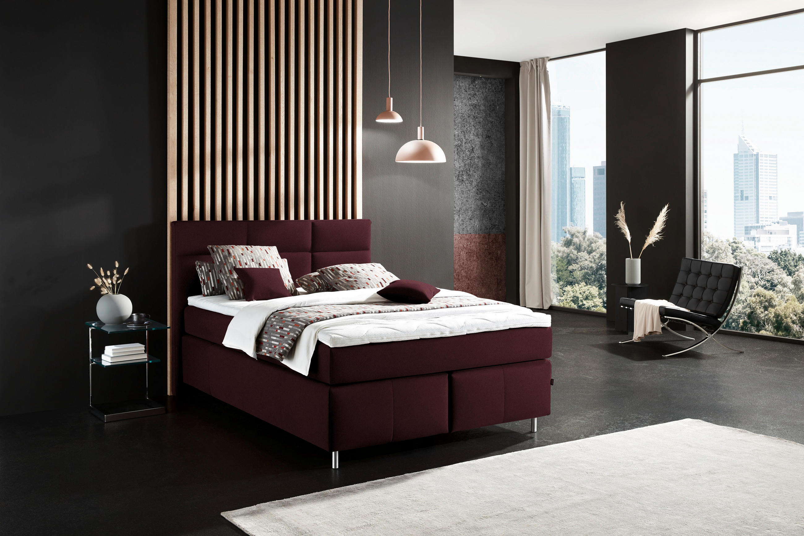 BOXSPRINGBETT 140/200 cm  in Bordeaux  - Bordeaux/Alufarben, KONVENTIONELL, Textil/Metall (140/200cm) - Dieter Knoll
