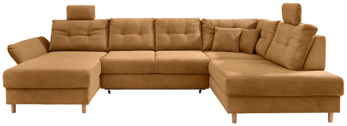 WOHNLANDSCHAFT Goldfarben Cord  - Goldfarben/Naturfarben, MODERN, Holz/Textil (176/338-352/206cm) - Livetastic