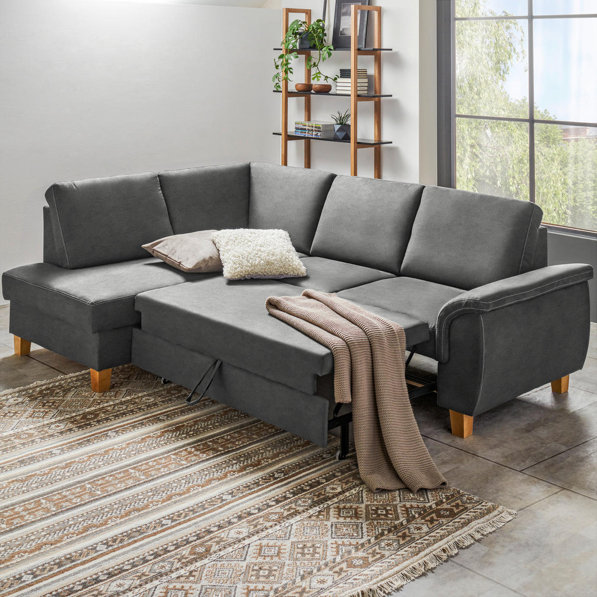 ECKSOFA in Flachgewebe Grau  - Eichefarben/Grau, Design, Holz/Textil (185/253cm) - Cantus