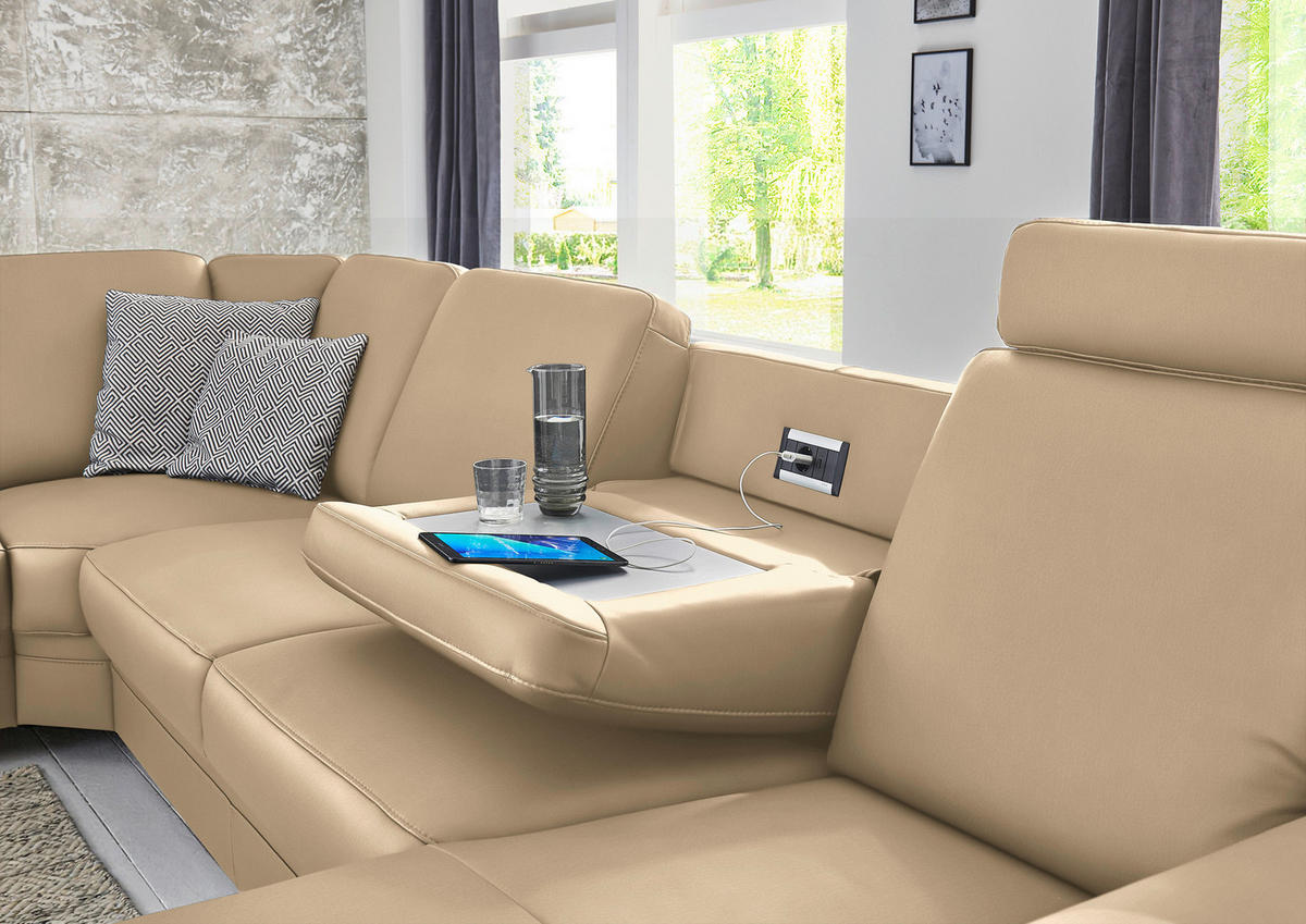 WOHNLANDSCHAFT  in Echtleder Beige  - Beige/Alufarben, KONVENTIONELL, Leder/Metall (239/329/165cm) - Beldomo Premium