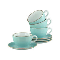 CAPPUCCINOTASSE MIT UNTERTASSE - Türkis/Weiß, Basics, Keramik - Creatable