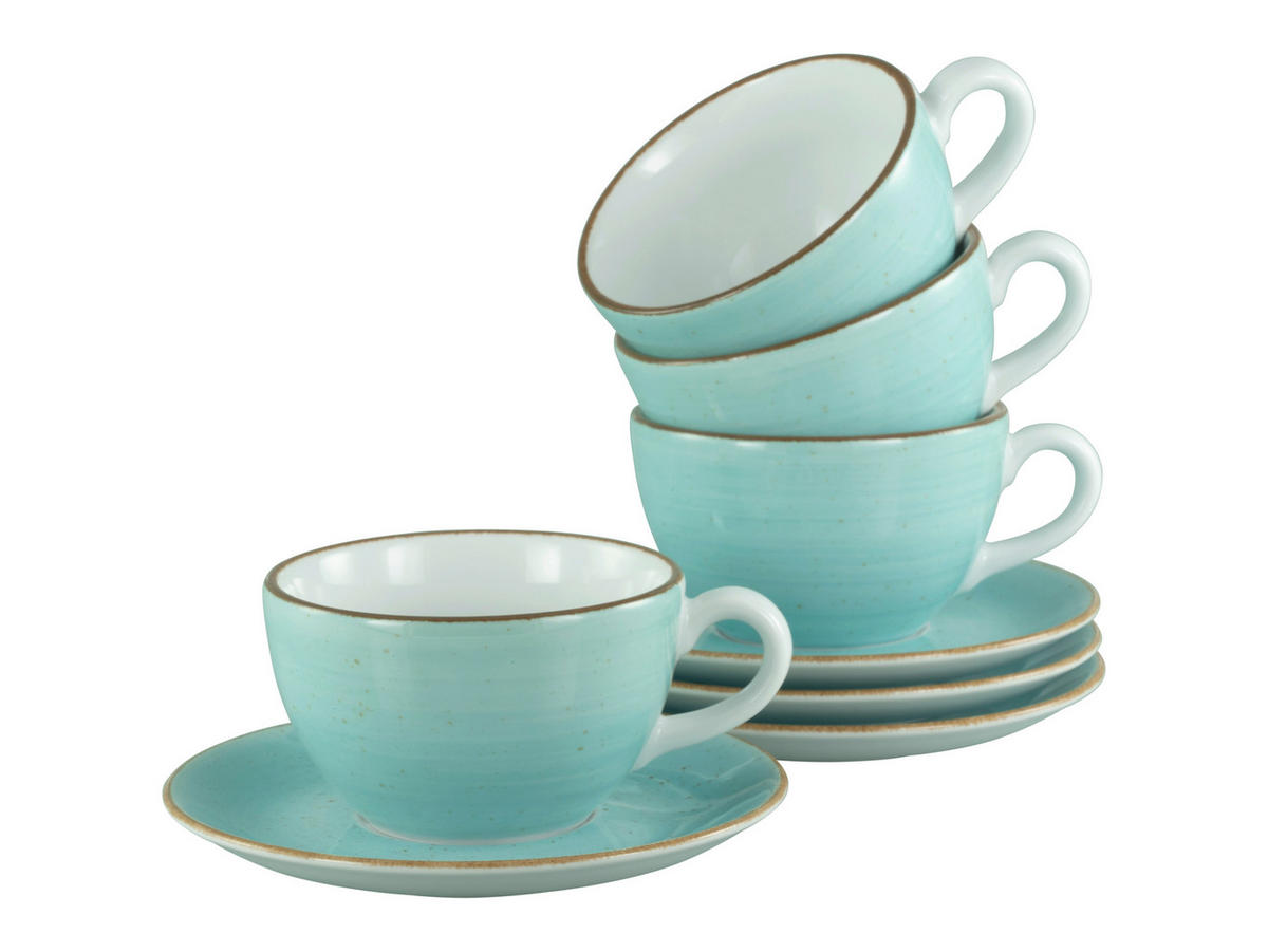 CAPPUCCINOTASSE MIT UNTERTASSE - Türkis/Weiß, Basics, Keramik - Creatable